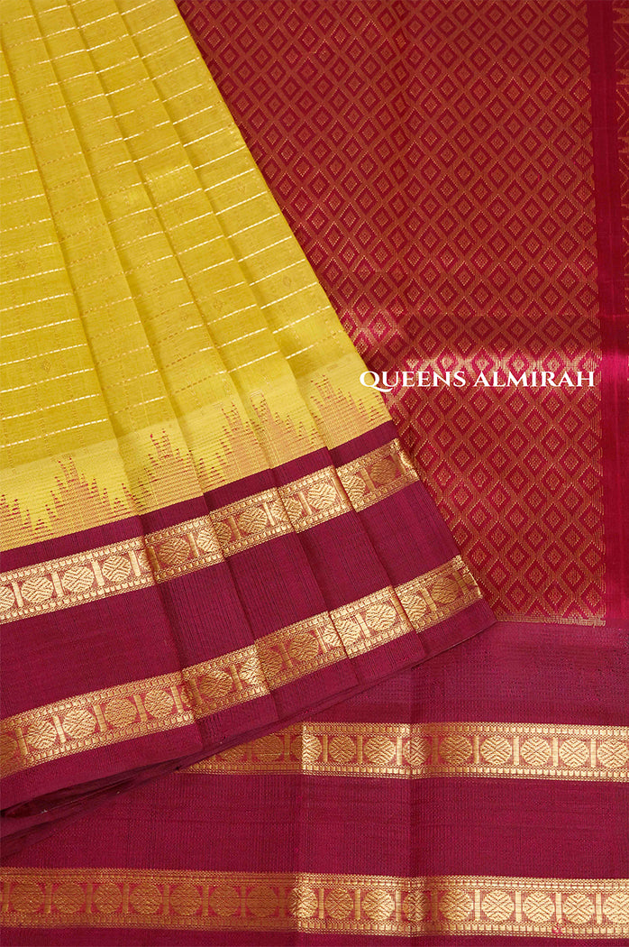 Lime Yellow Kattam Butta With Maroon Gap Border Pure Silk Cotton Saree