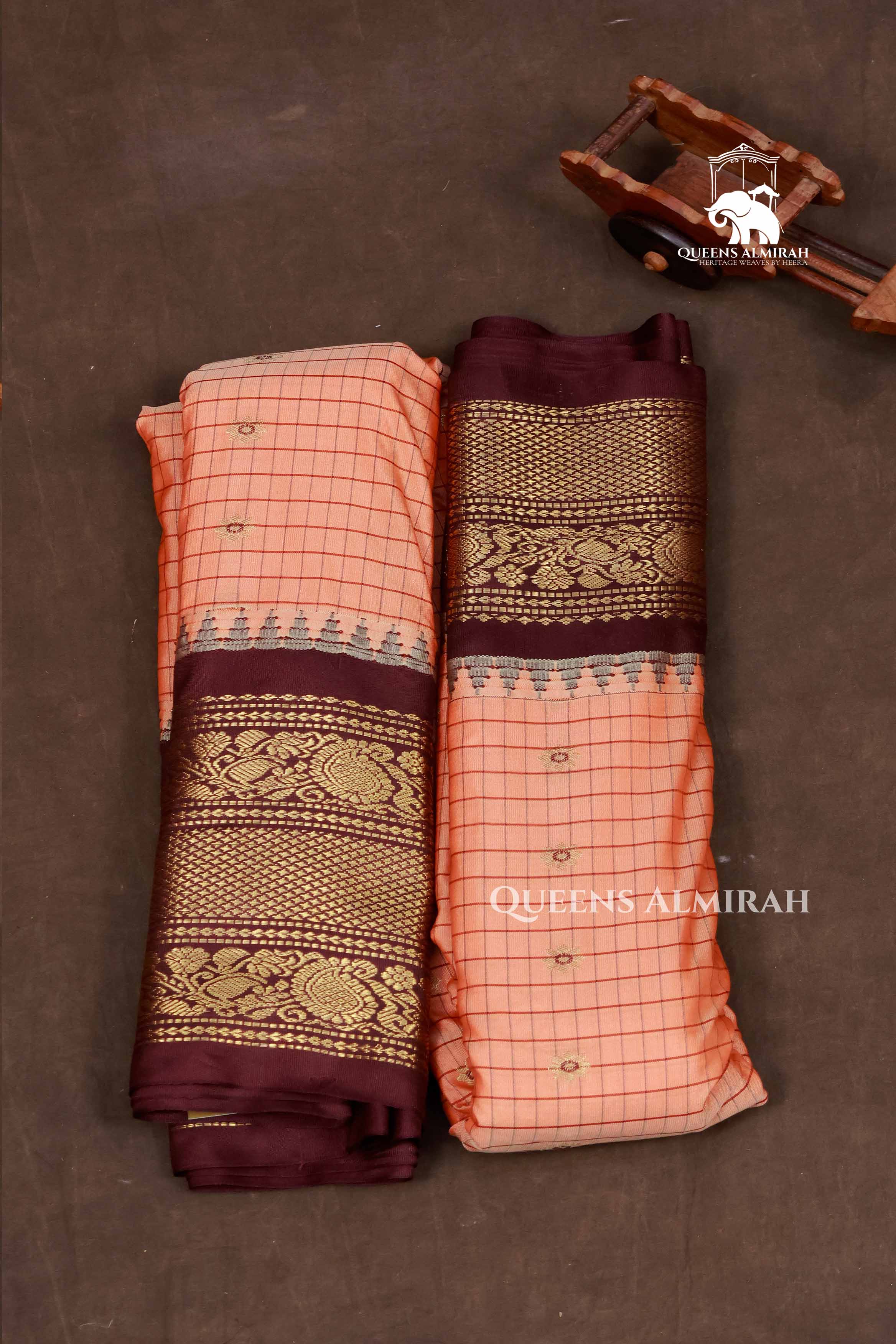 Peach Orange Kattam With Brown Semi Gadwal Silk Saree