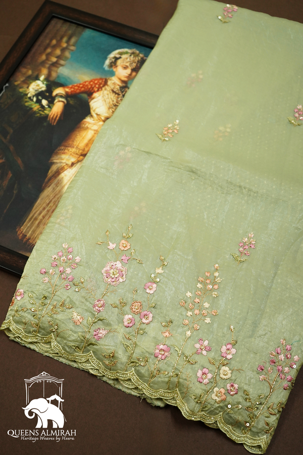 GREEN SMOKE WITH EMBROIDERY BORDER TISSUE SAREE - Queens Jewel Emporium