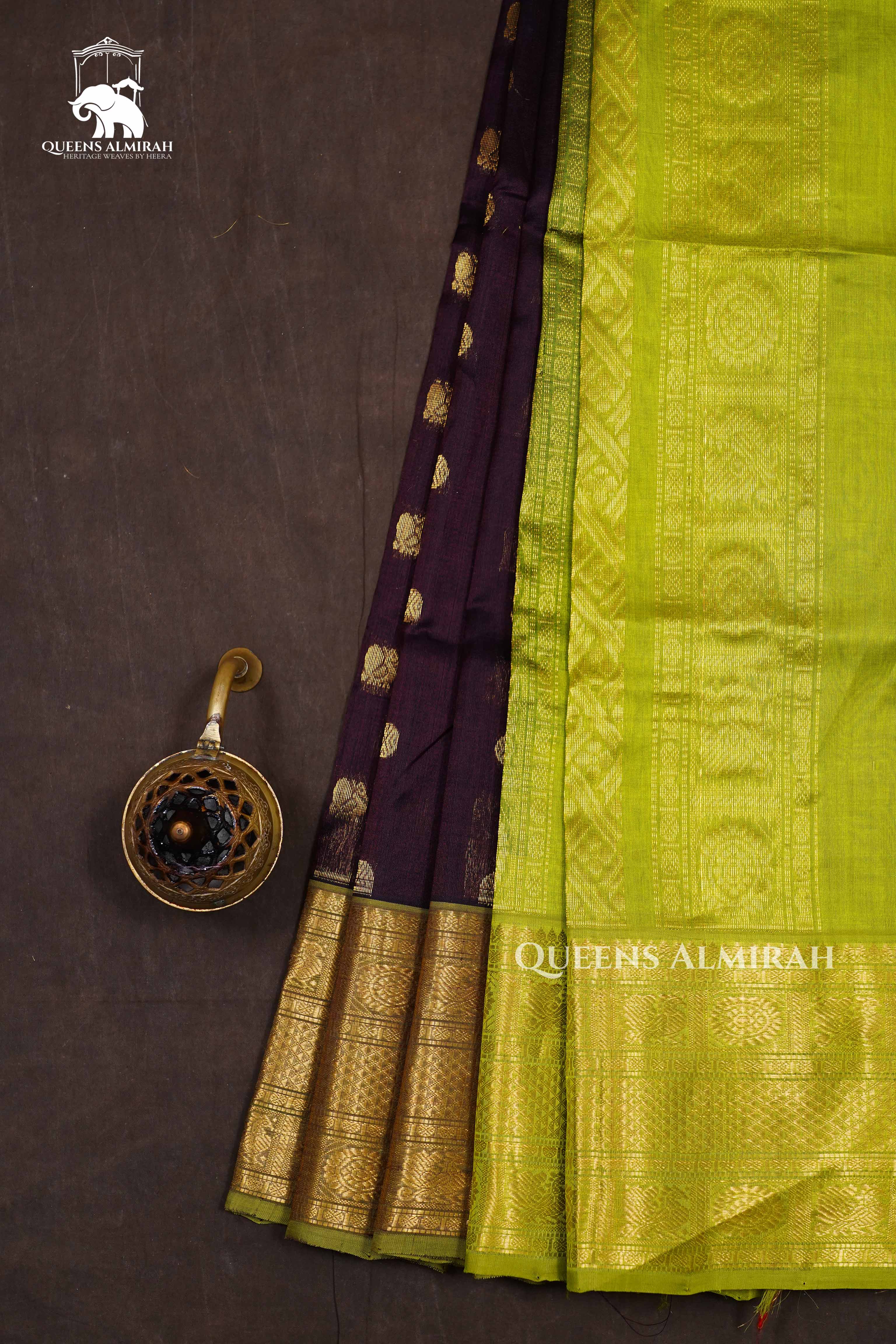 Cocoa Bean With Green Pure Silk Cotton Saree