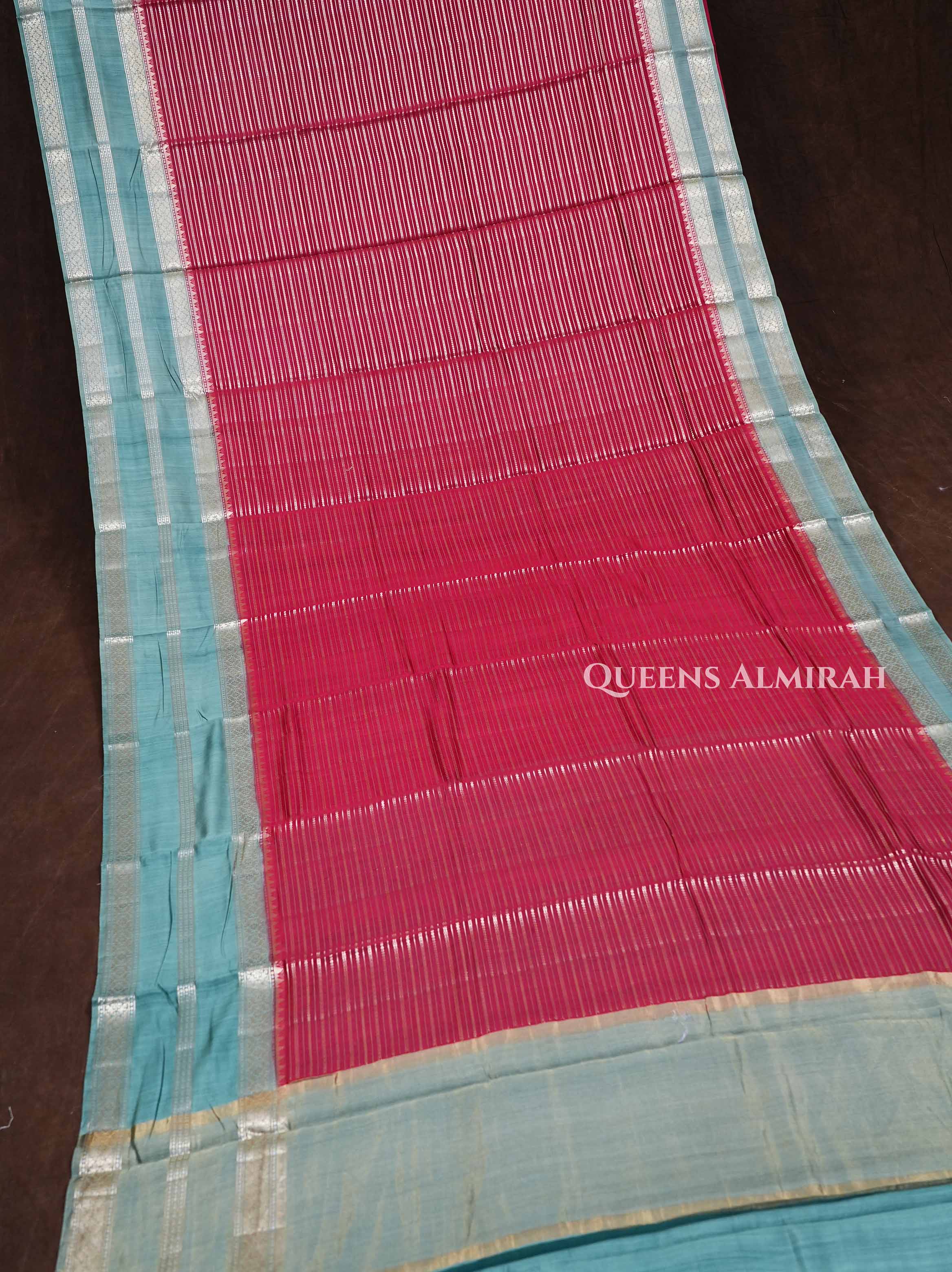 Maroon With Blue Chiniya Silk Saree