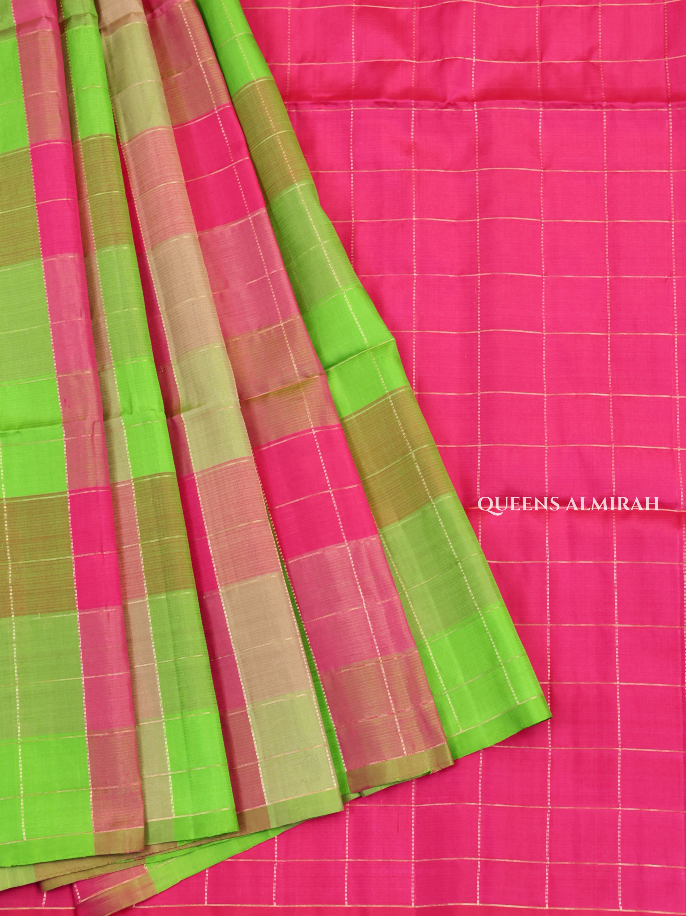 Parrot Green With Pink Checks Pure Soft Silk Saree