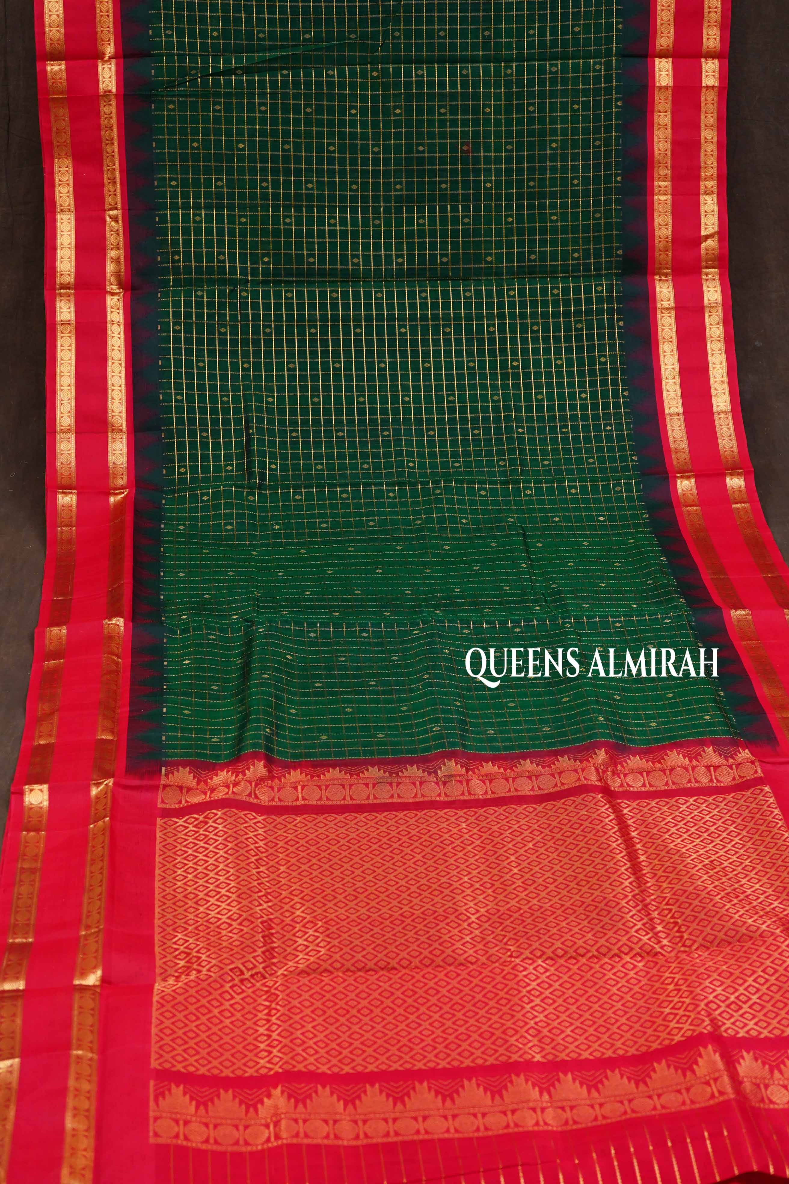 Dark Green Kattam With Red Pure Silk Cotton Saree
