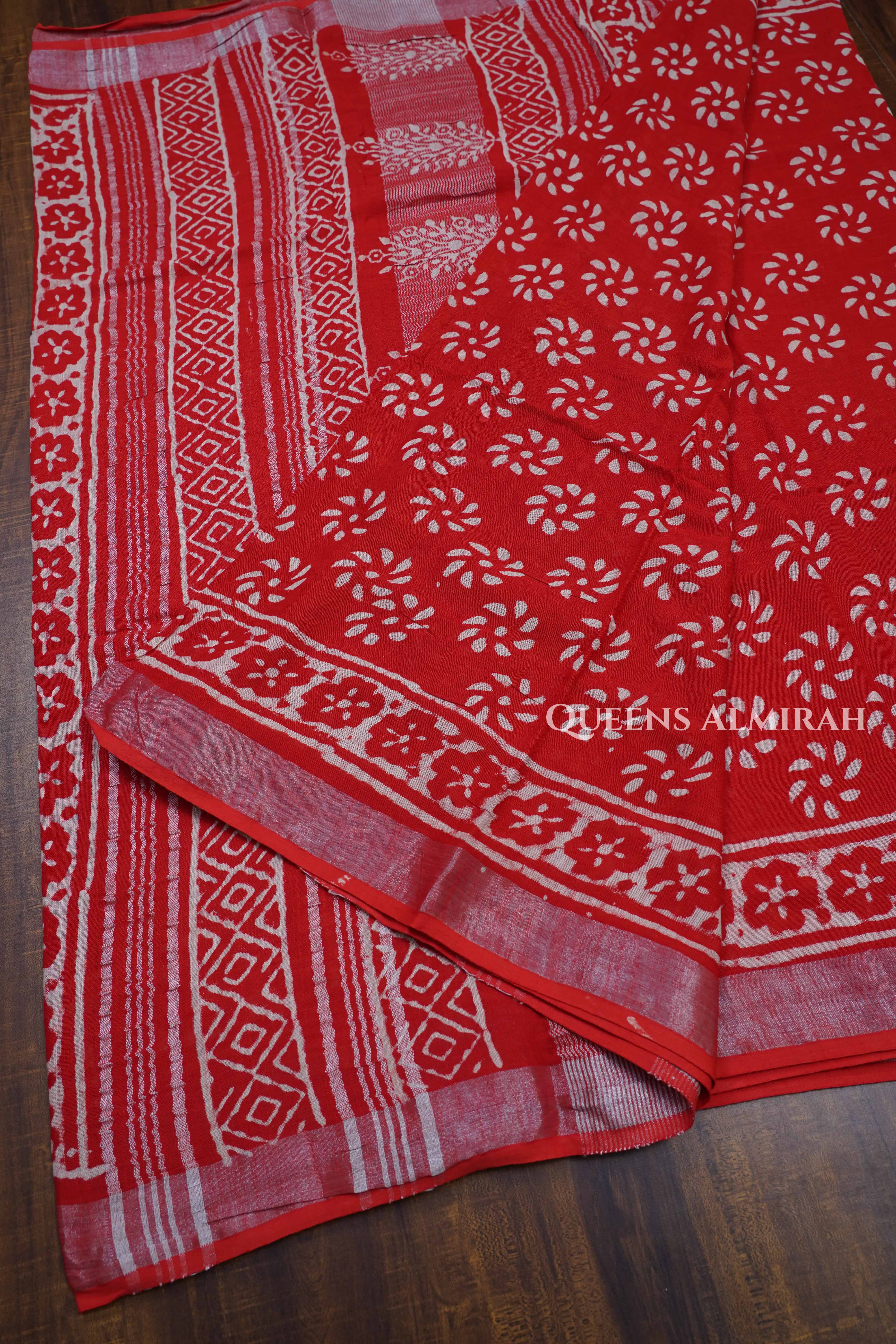 Red Linen Cotton Saree