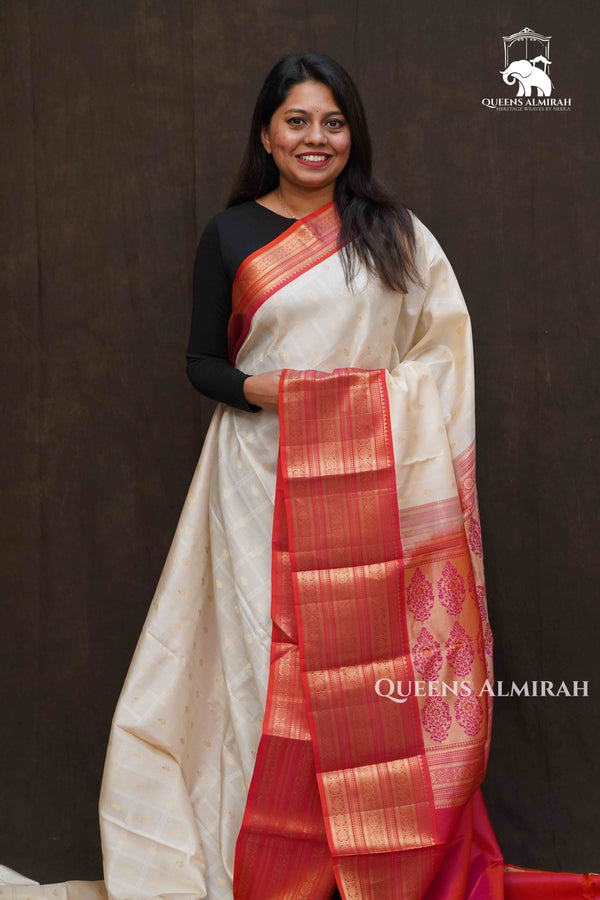 OFF WHITE WITH RED PURE KANCHIVARAM SILK SAREE