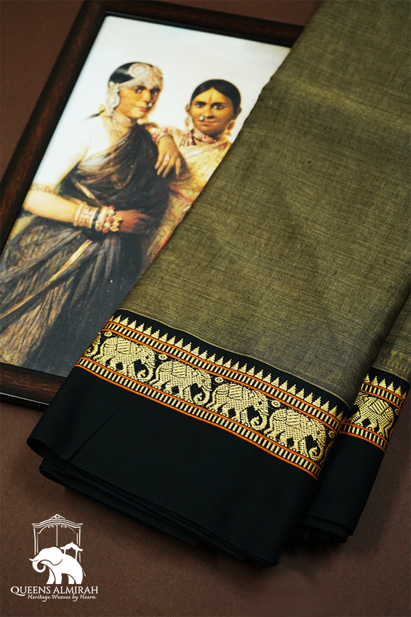 RIFLE GREEN WITH BLACK BORDER NARAYANPET COTTON SAREE - Queens Jewel Emporium