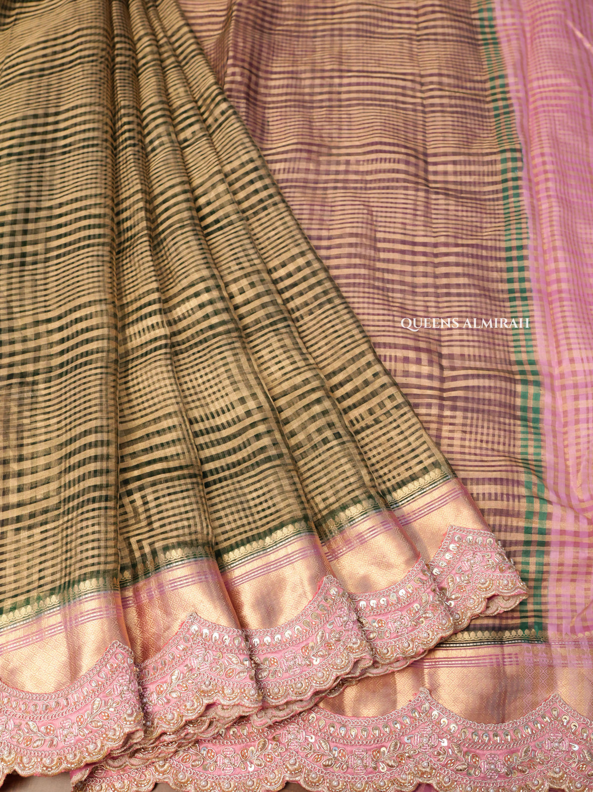 Bottle Green With Baby Pink Radhe Leela Pure Chanderi Designer Silk Saree