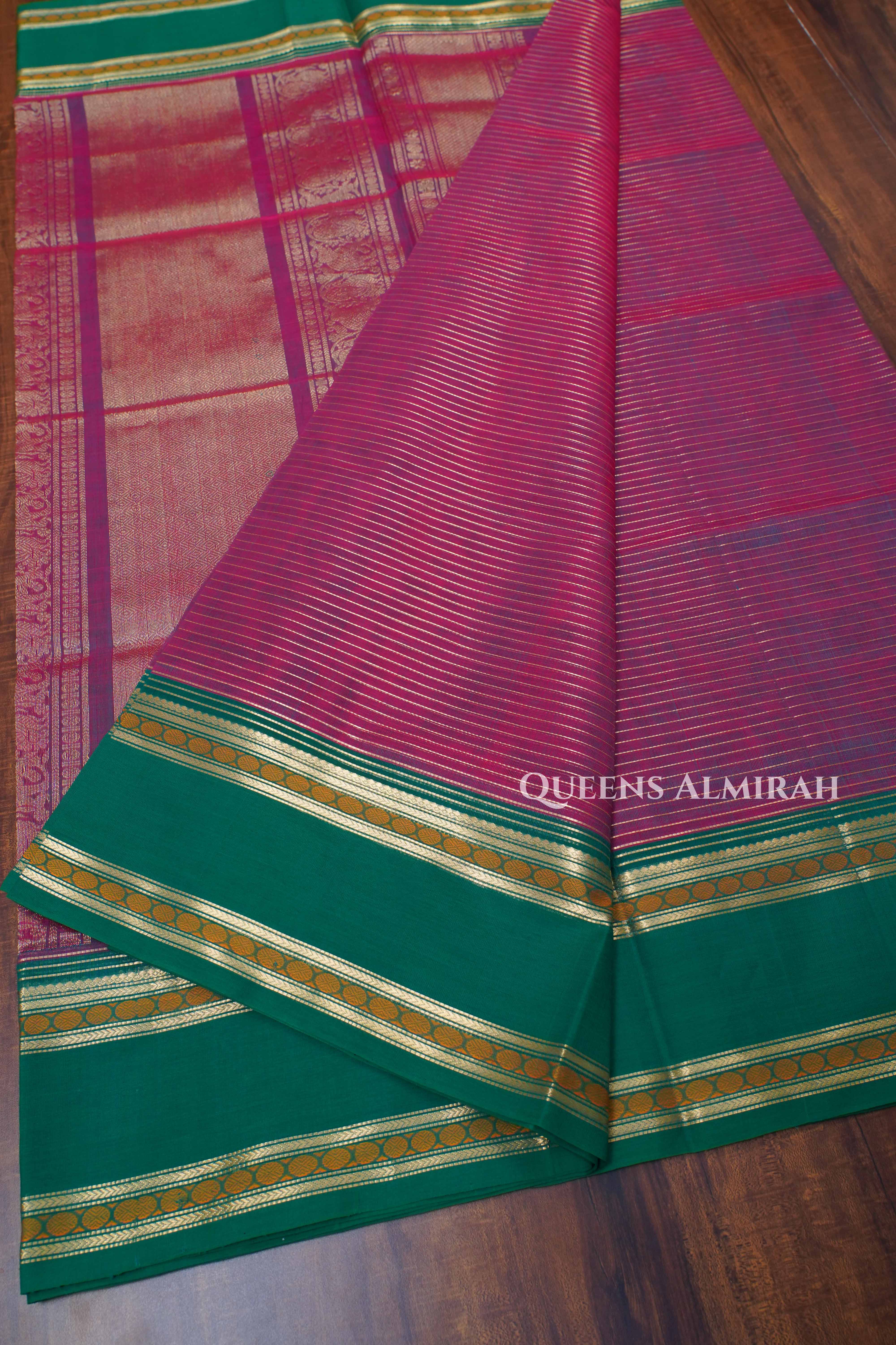 Wine Red With Green Karaikudi Chettinad Silk Cotton Saree