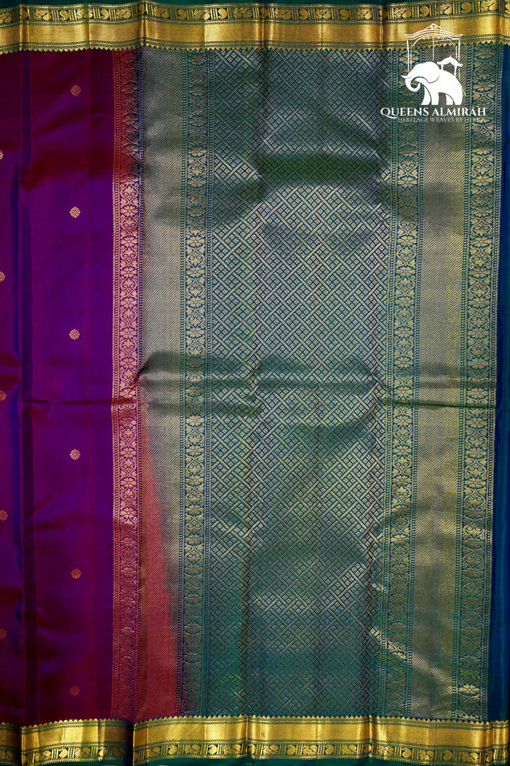 DARK PURPLE WITH NAVY GREEN KANCHIVARAM SILK SAREE - Queens Jewel Emporium