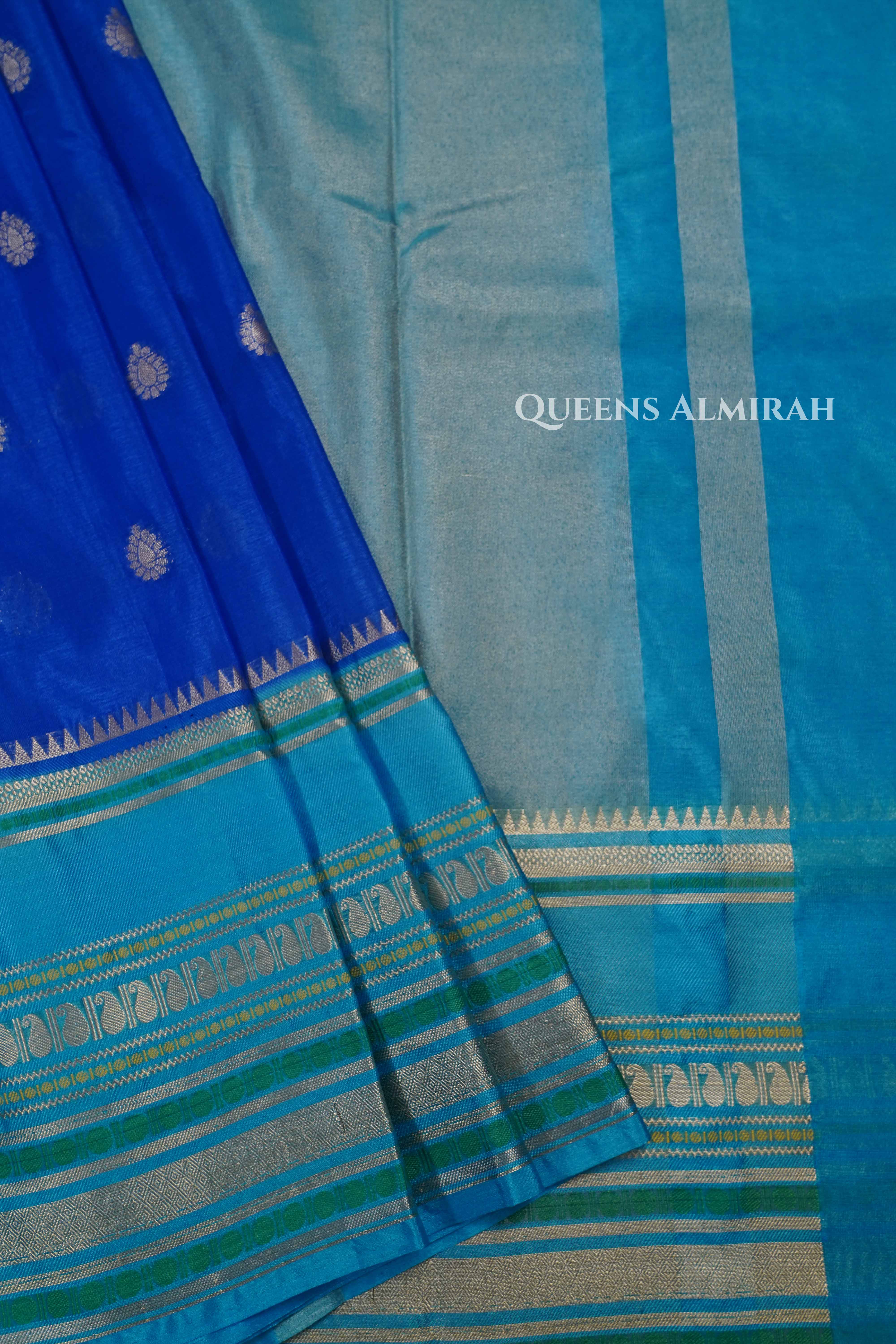 Royal Blue With Sea Blue Semi Banarasi Silk Saree