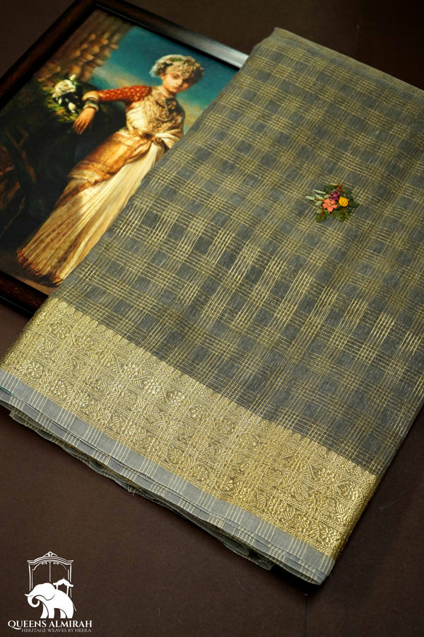 DIM GREY WITH GOLD TISSUE SAREE - Queens Jewel Emporium