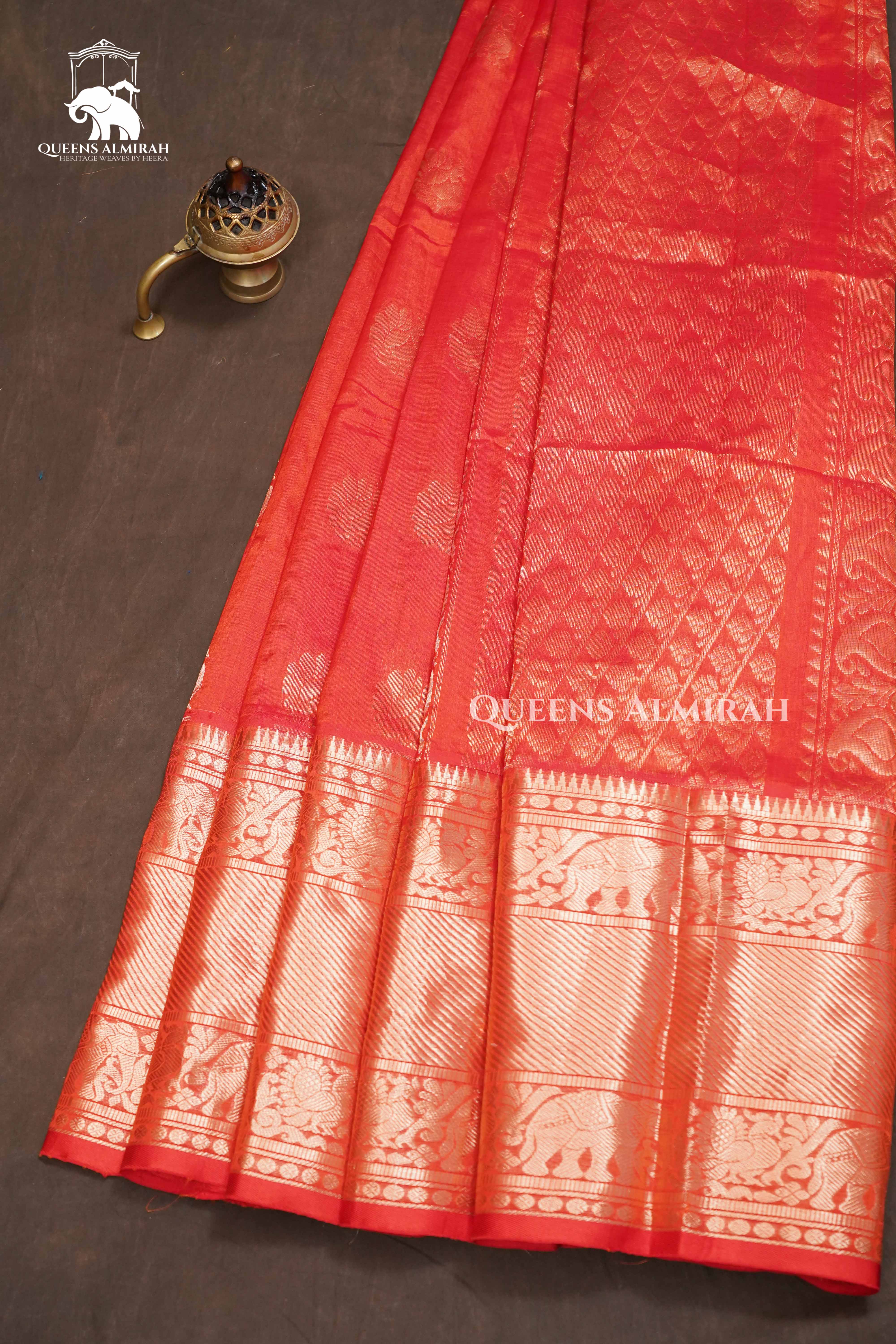 Coral Red Pure Kanchi Silk Cotton Saree