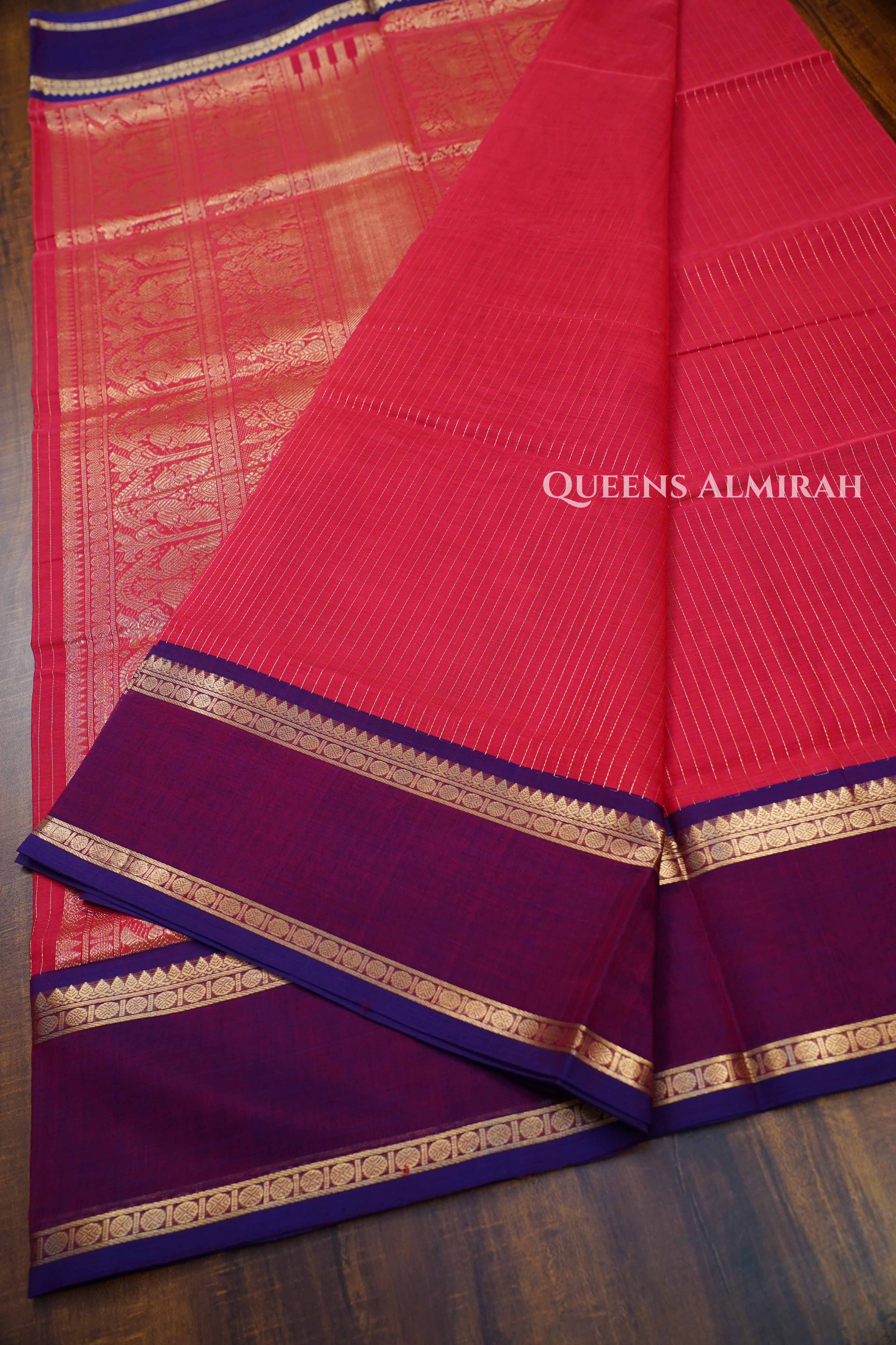 Caramine Pink With Deep Purple-Karaikudi Chettinad Silk Cotton Saree