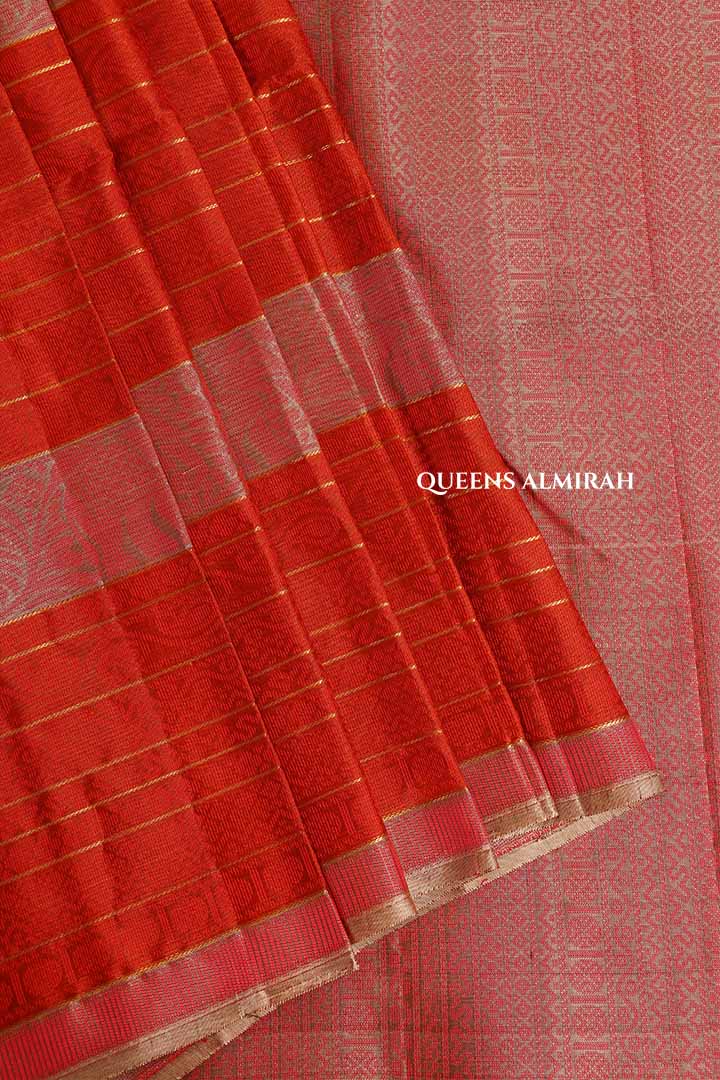 Brick Red With Grey Varisapet Pure Soft Silk Saree