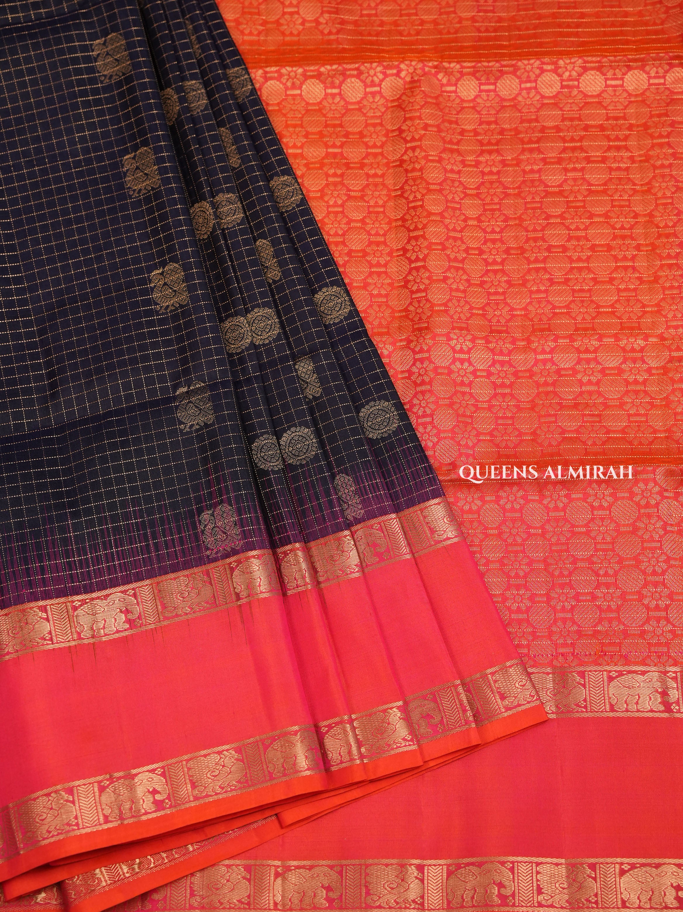 Navy Blue With Peach Orange Pure Soft Silk Saree