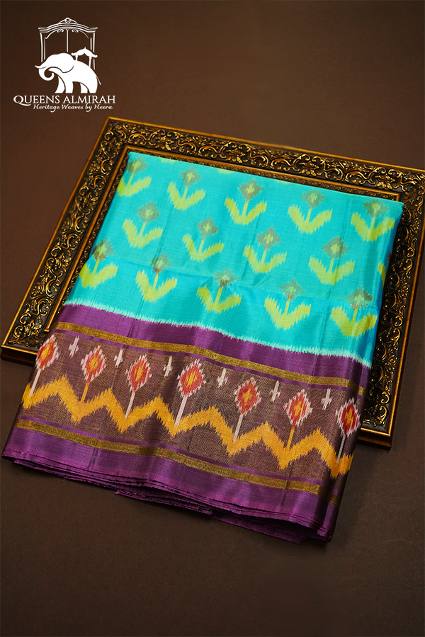 AQUA BLUE WITH PURPLE SOFT SILK SAREE - Queens Jewel Emporium