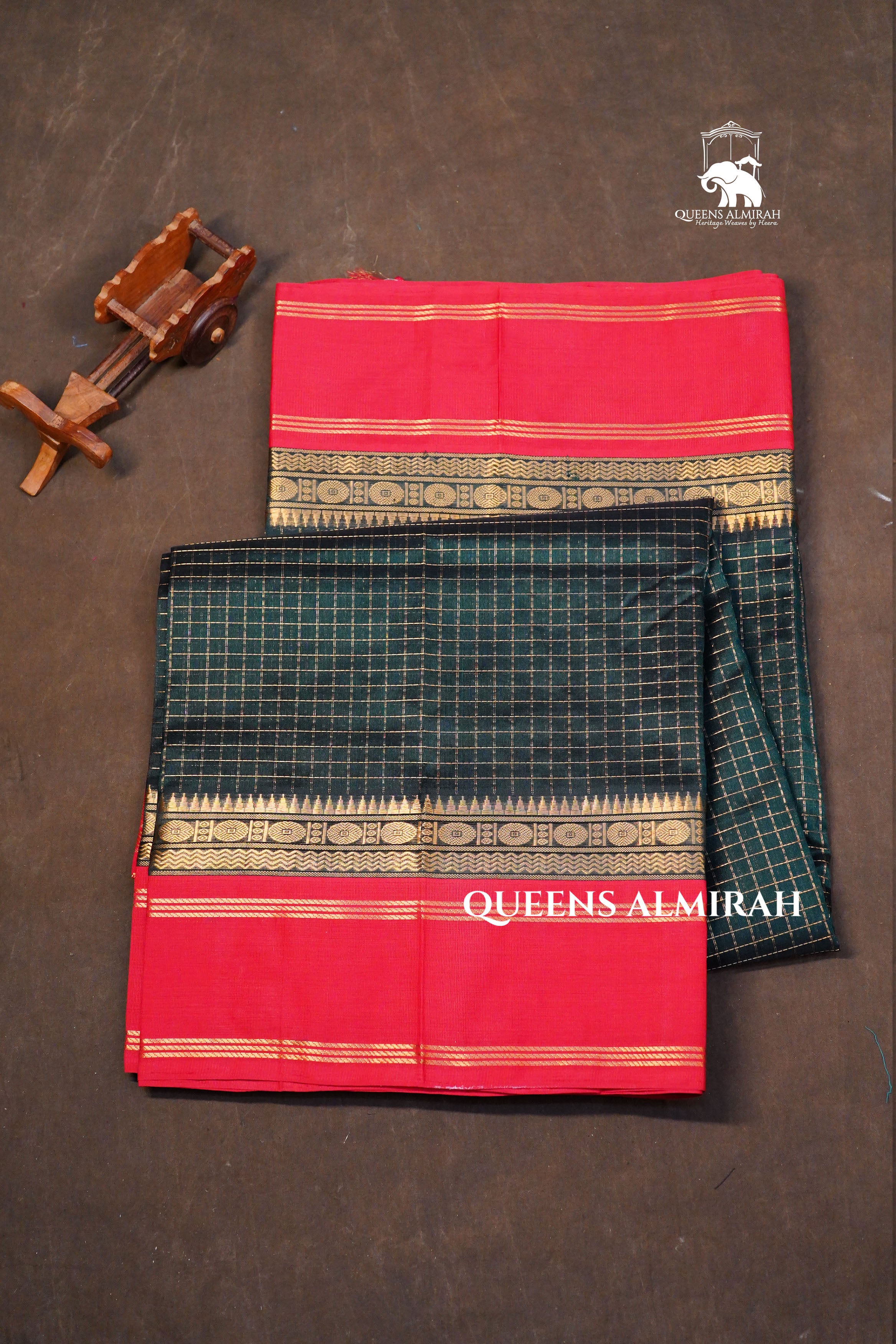 Dark Green Kattam With Red Gap Border Pure Silk Cotton Saree
