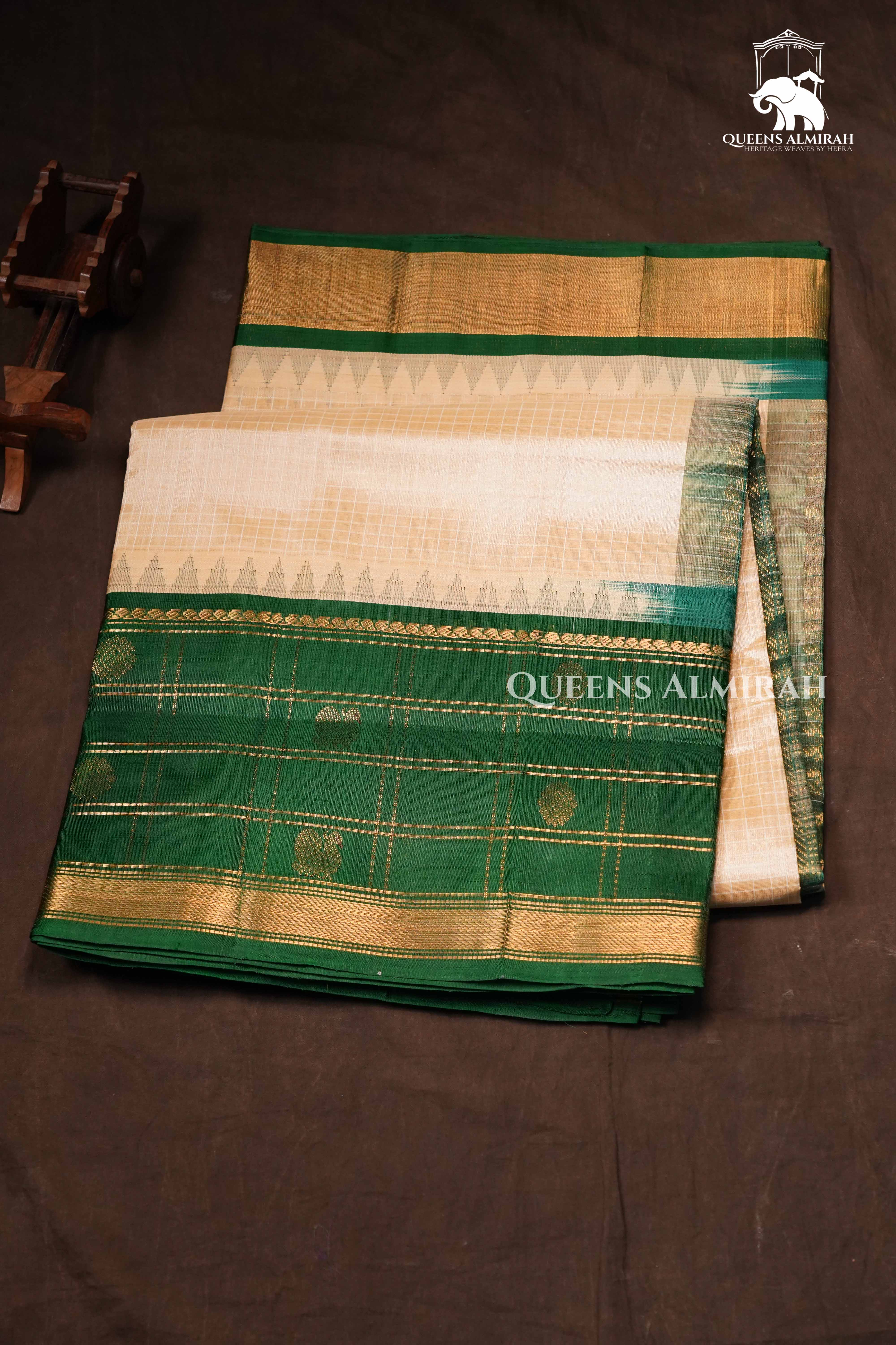 Off White With Green Pure Kanchi Silk Cotton Saree
