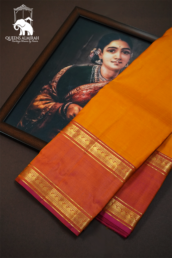 DIRTY ORANGE WITH RUST BROWN PURE KANCHIVARAM SILK SAREE - Queens Jewel Emporium
