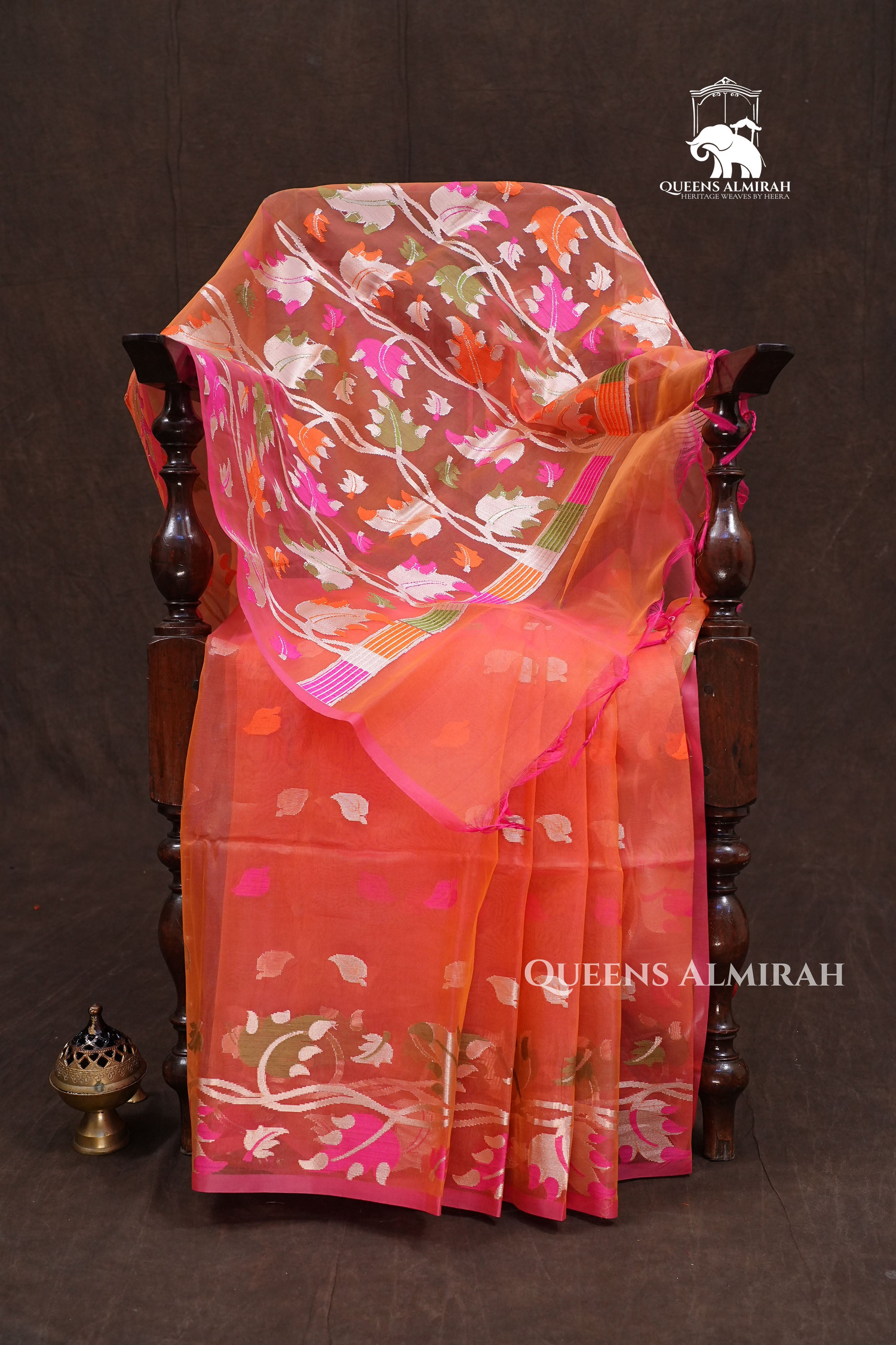 Orange Muslin Jamdani Saree
