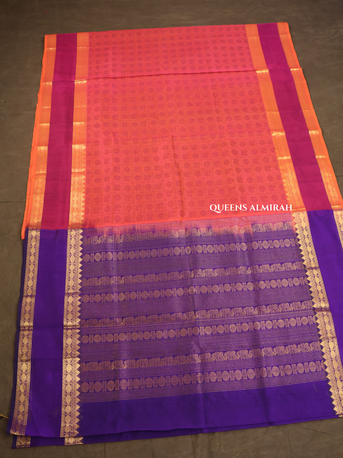 Coral Peach With Purple Pure Silk Cotton Saree