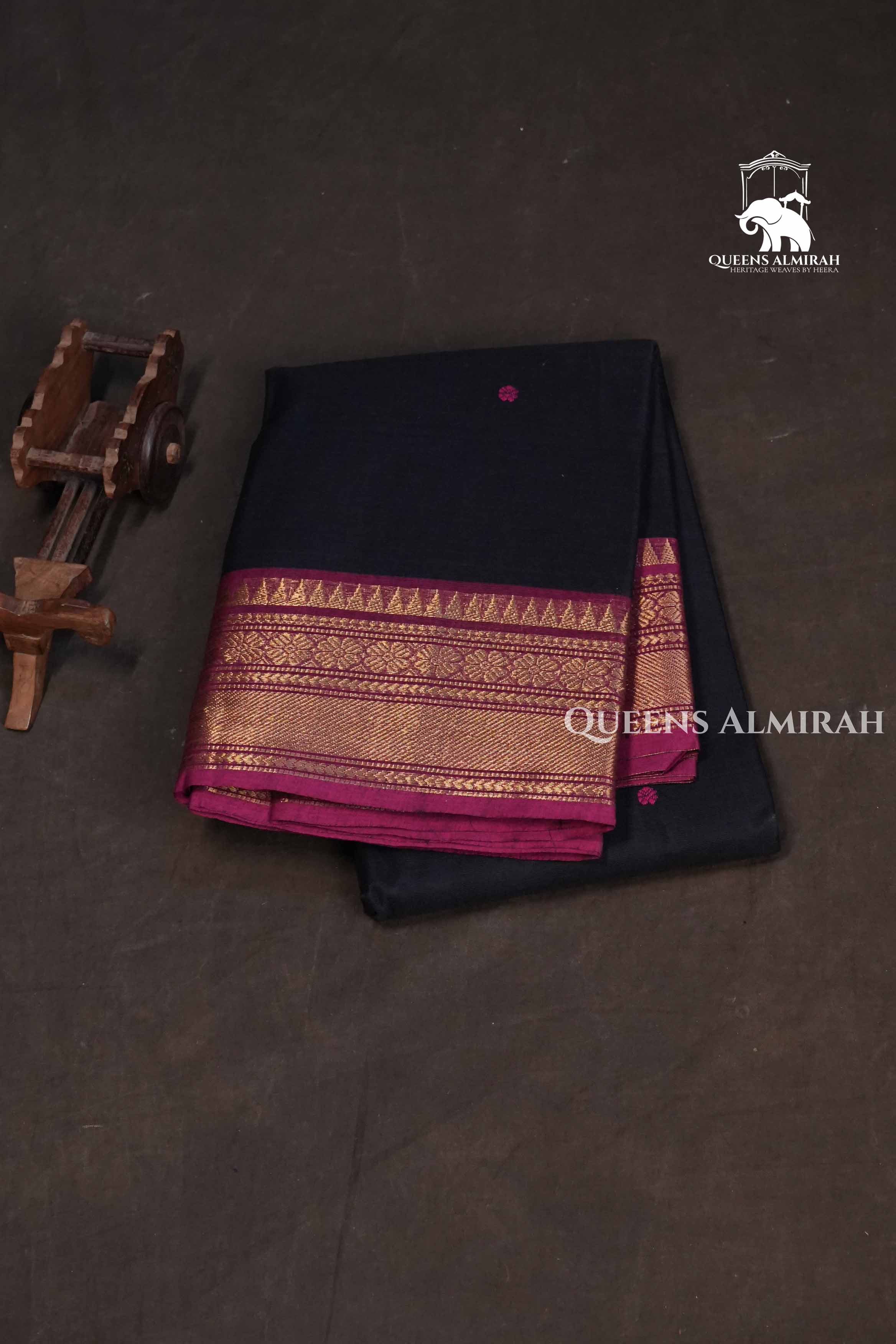Black With Dark Pink Kanchi Cotton Saree