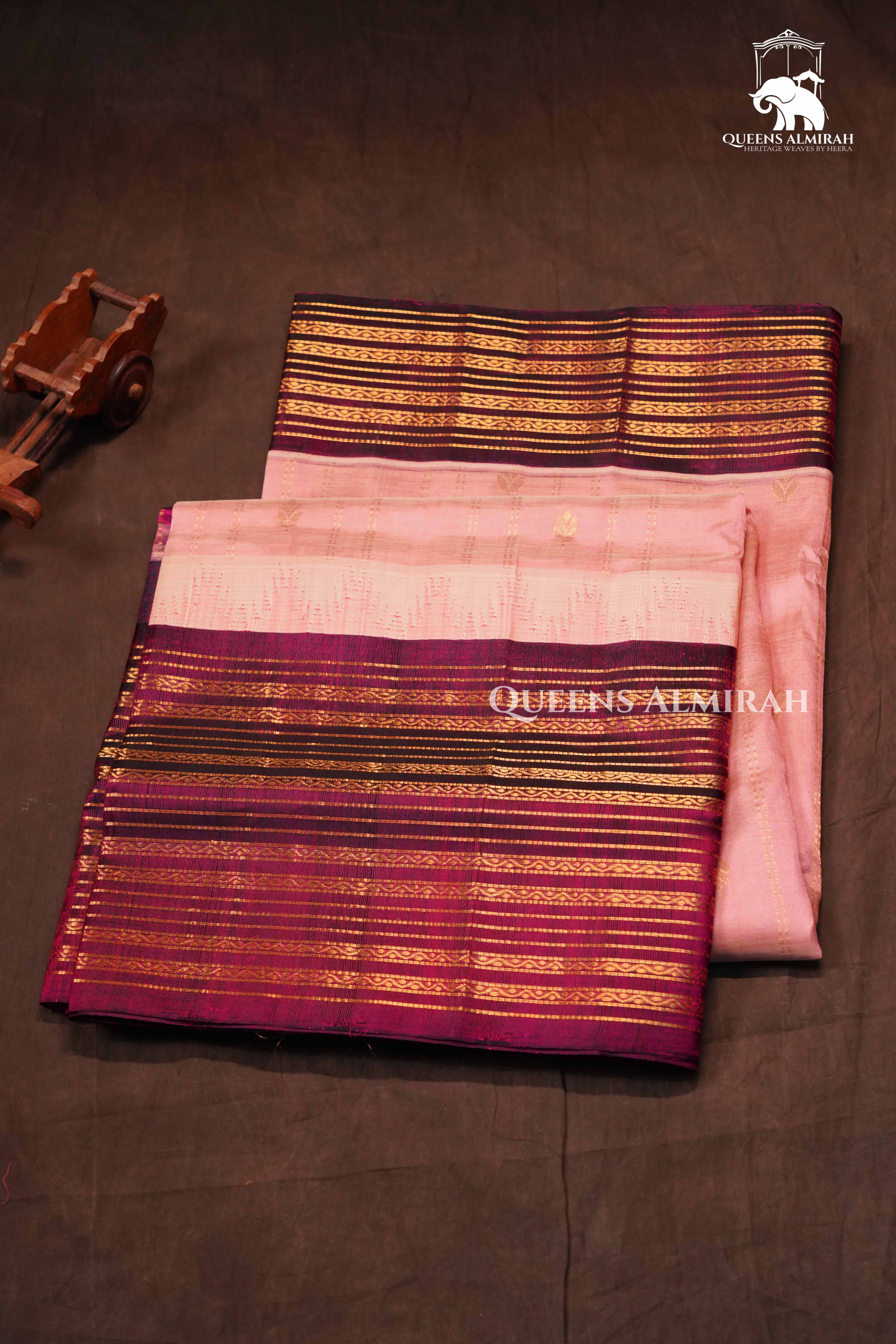 Lotus Pink With Purple Long Border Pure Kanchi Silk Cotton Saree