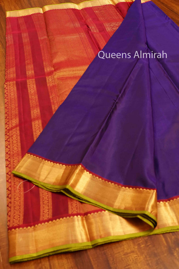 BRINJAL PURPLE WITH DEEP CARAMINE GOLD BORDER PURE KANCHIVARAM SILK SAREE - Queens Jewel Emporium