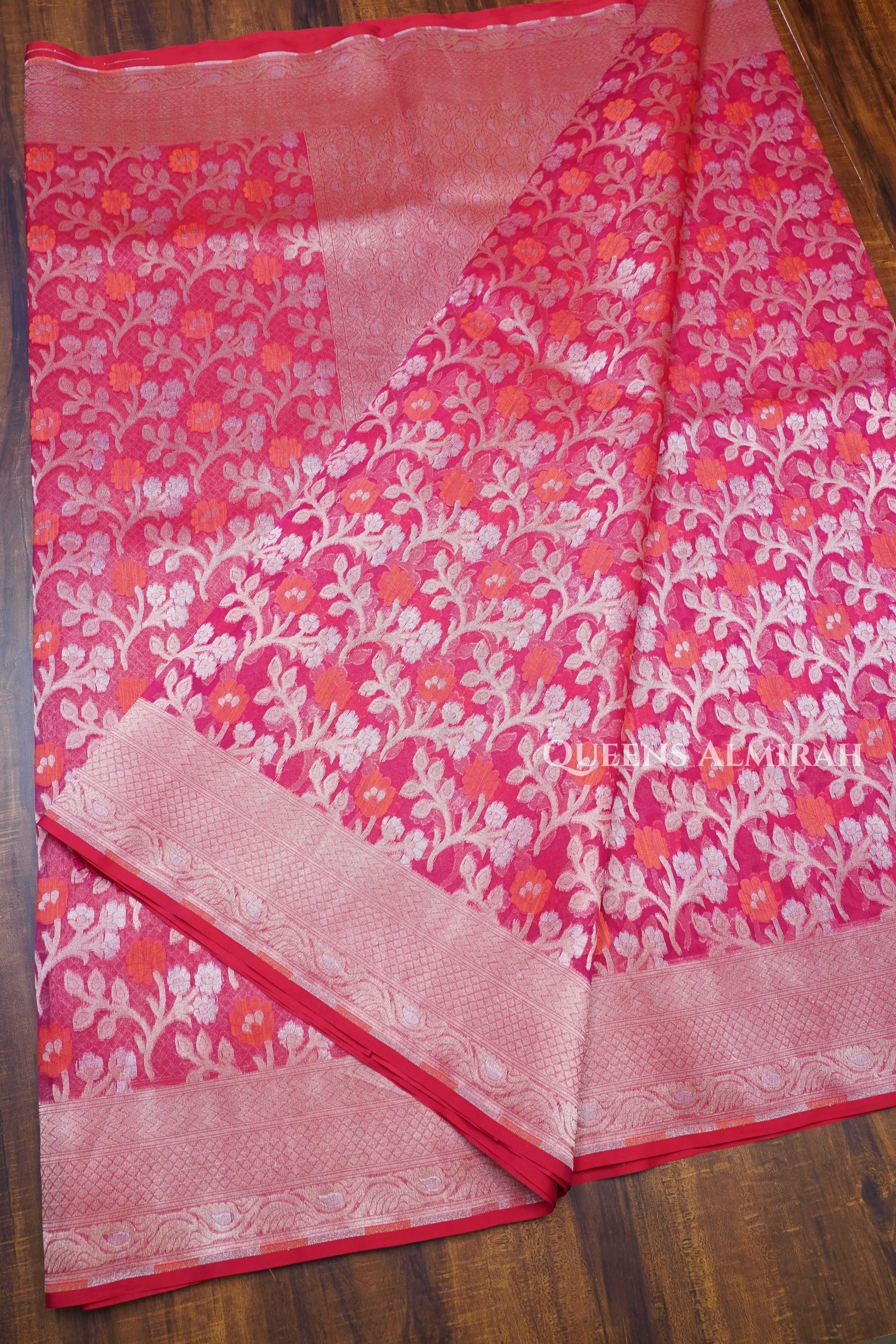 Tomato Pink Banarasi Organza Silk Saree