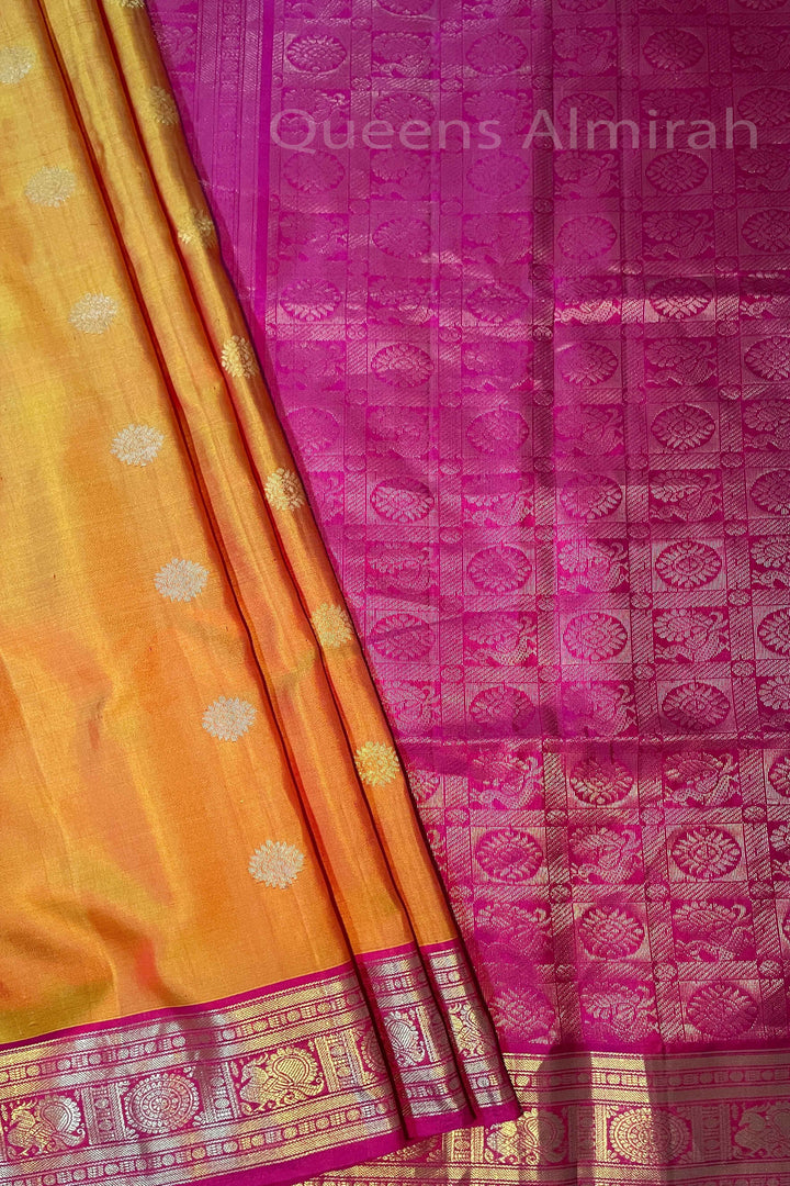 MANGO YELLOW WITH BERRY PINK SOFT SILK SAREE - Queens Jewel Emporium
