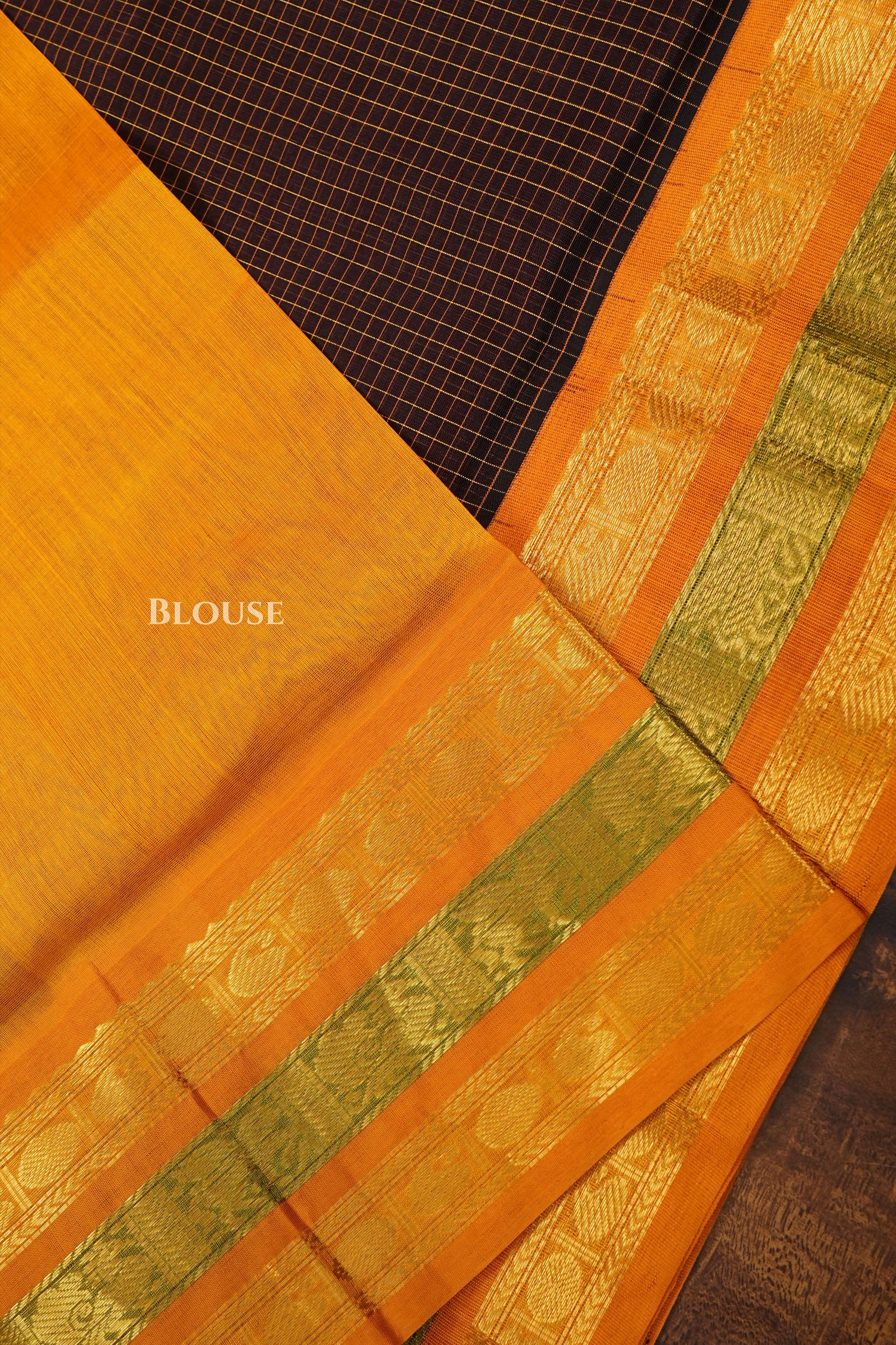 Coffee Bean Small Kattam With Mustard Yellow Pure Kanchi Silk Cotton Saree