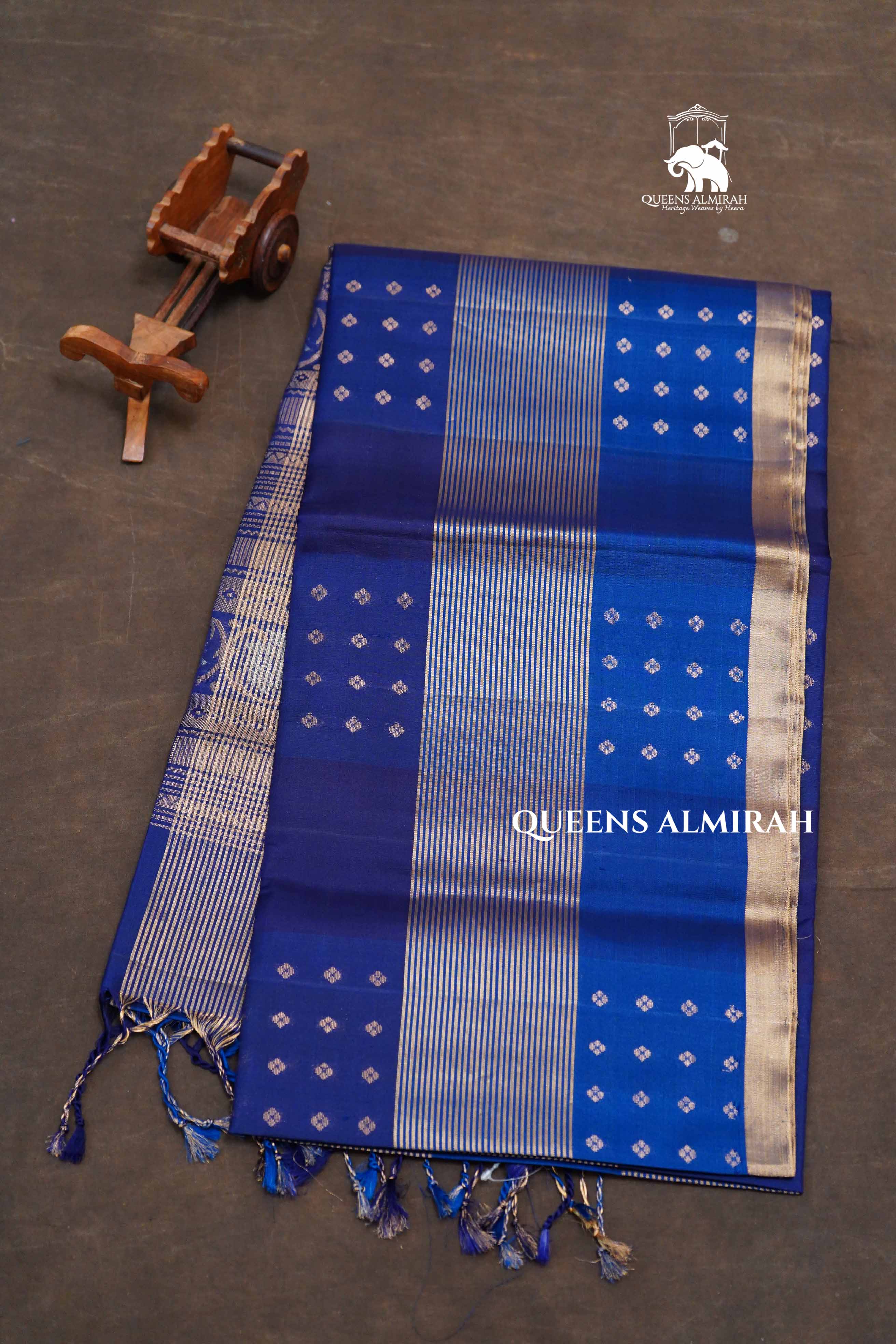 Ash With Royal Blue Checks Pure Soft Silk Saree