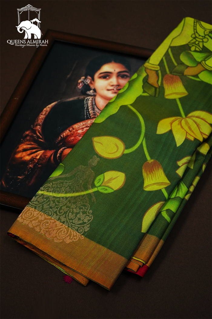 AVOCADO GREEN WITH LEMON GINGER KANCHIVARAM SILK SAREE - Queens Jewel Emporium