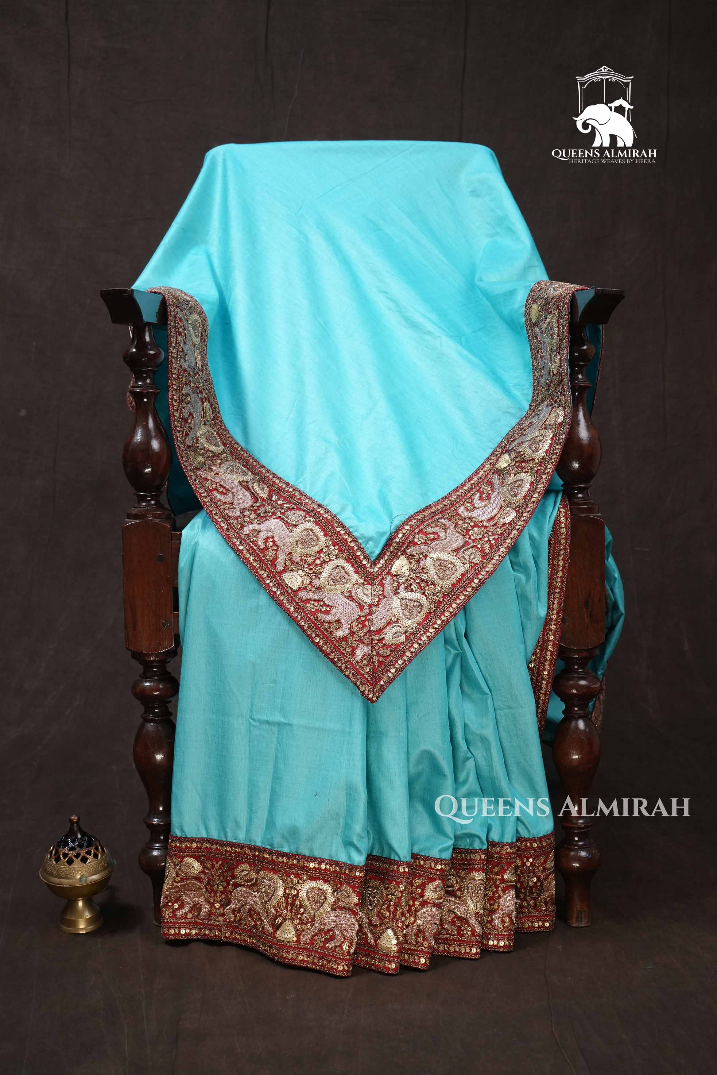 Turquoise Blue With Sindoor Red Tussar Silk Saree