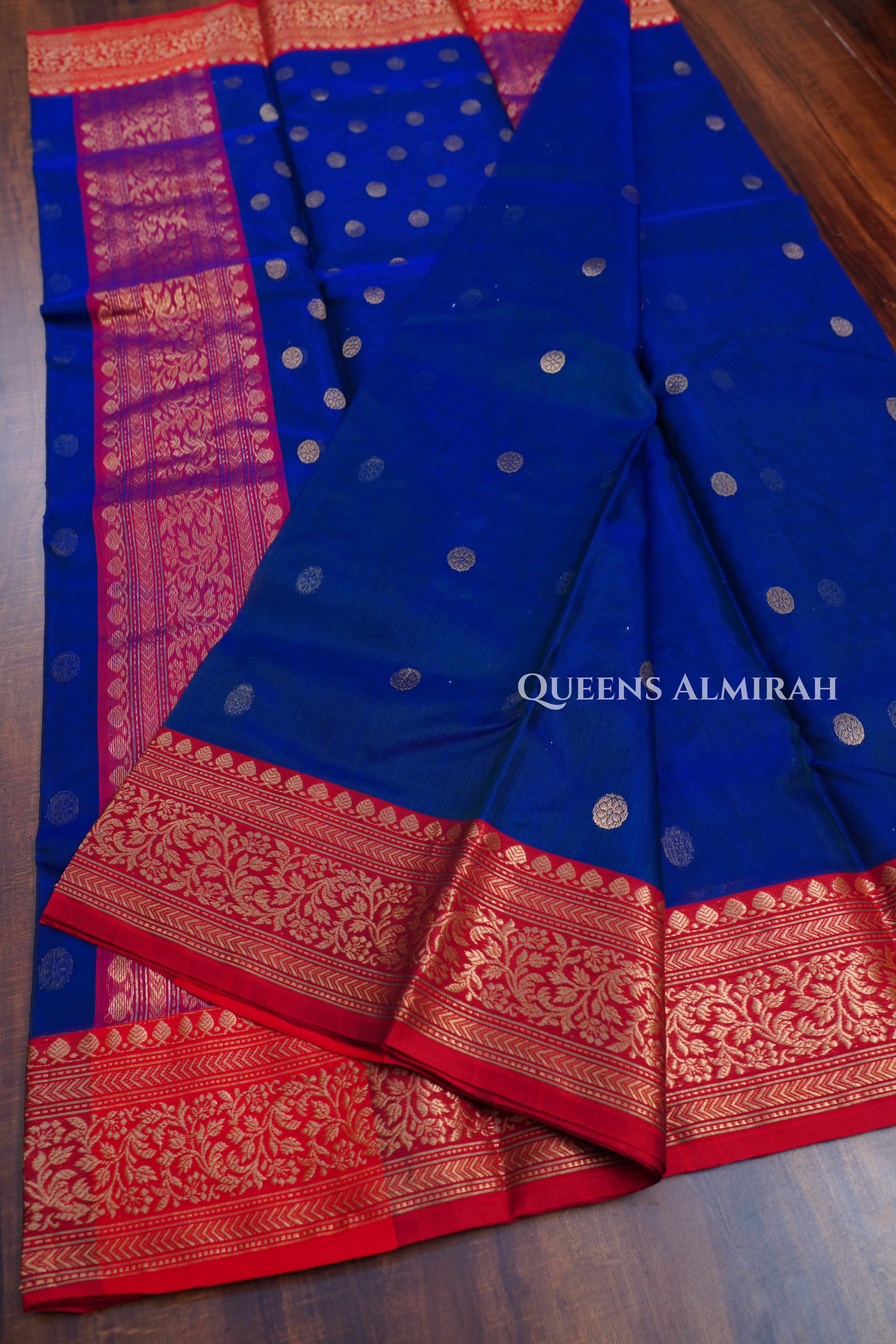 Ink Blue With Red Chanderi Katan Silk Handloom Saree