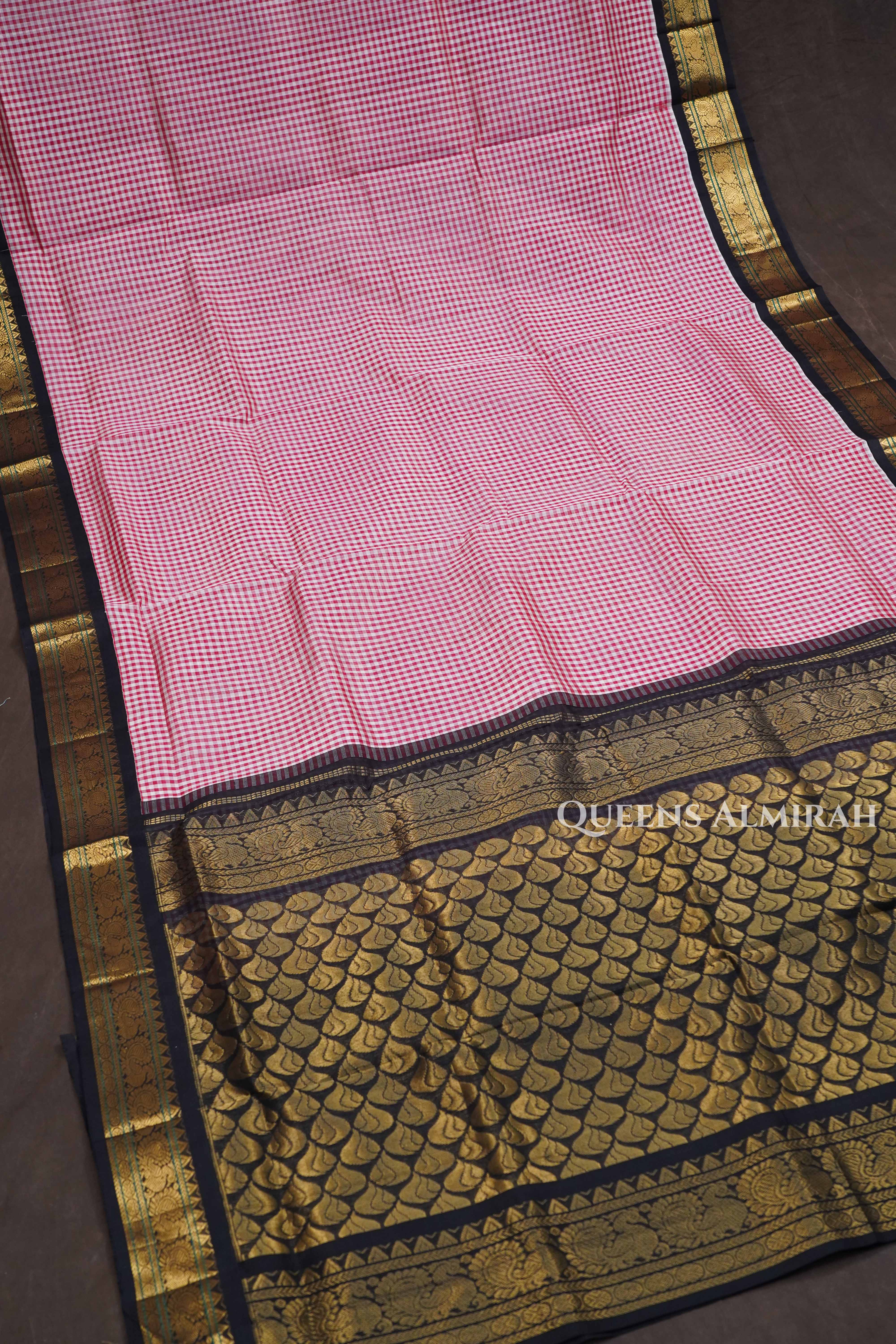 White And Red Checked With Black Pure Silk Cotton Saree