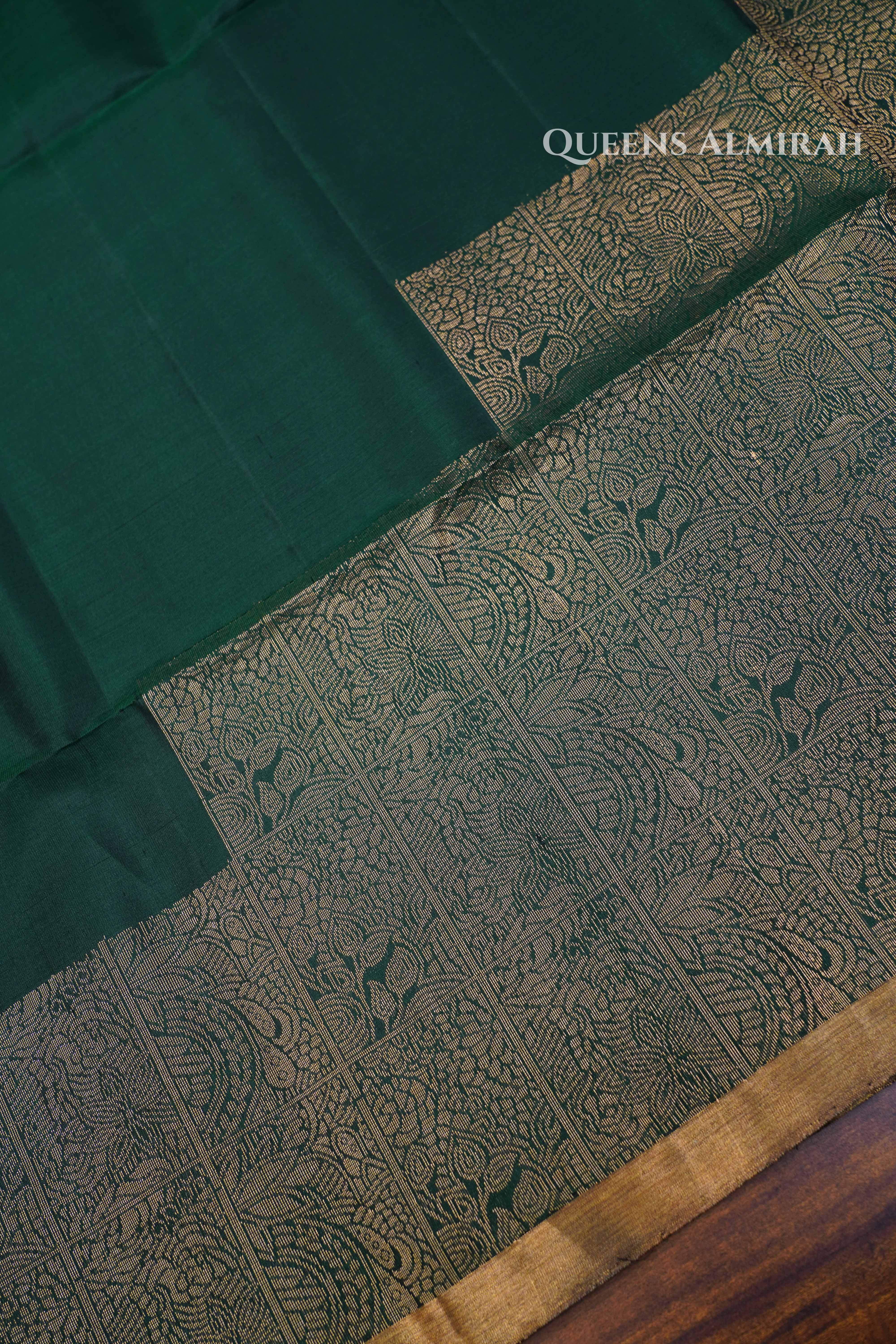 Dark Green Raising Border Pure Soft Silk Saree