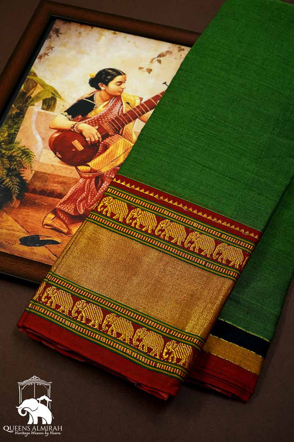 MOSS GREEN WITH RED BORDER NARAYANPET COTTON SAREE - Queens Jewel Emporium