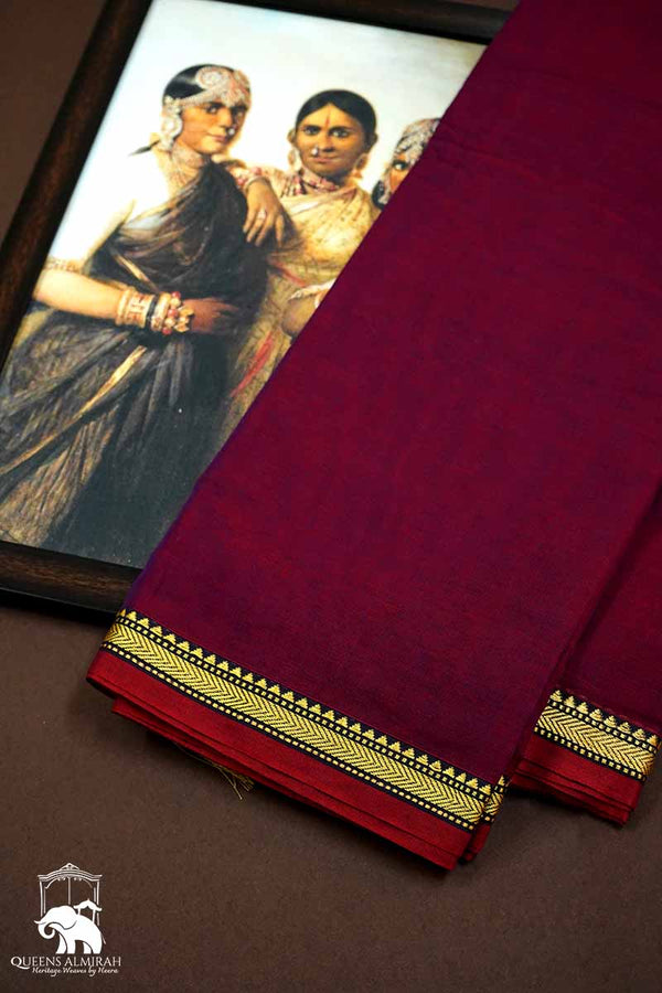 BURGUNDY WITH THIN BLACK BORDER  NARAYANPET COTTON SAREE - Queens Jewel Emporium
