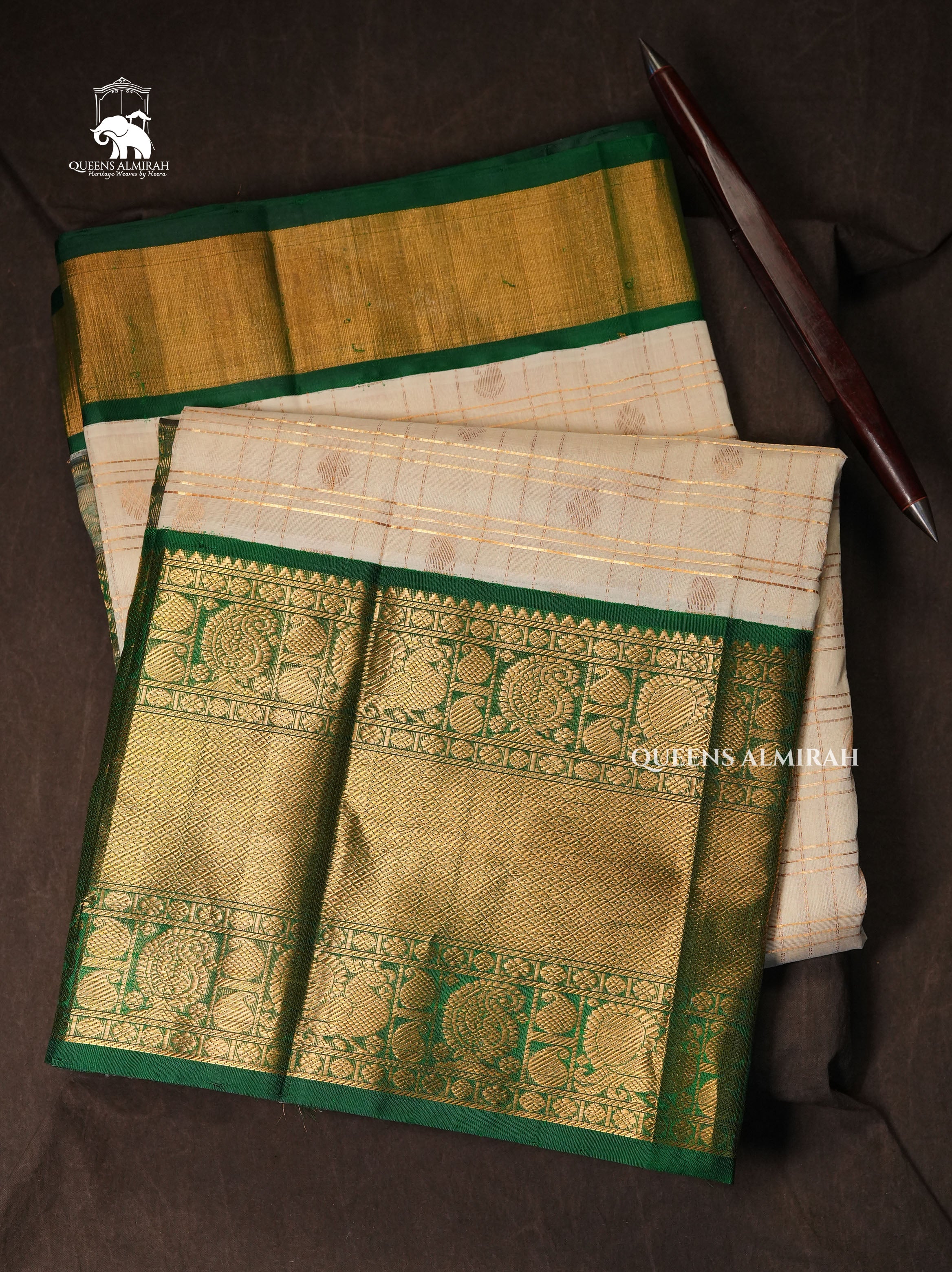 White Kattam Butta With Green Pure Silk Cotton Saree