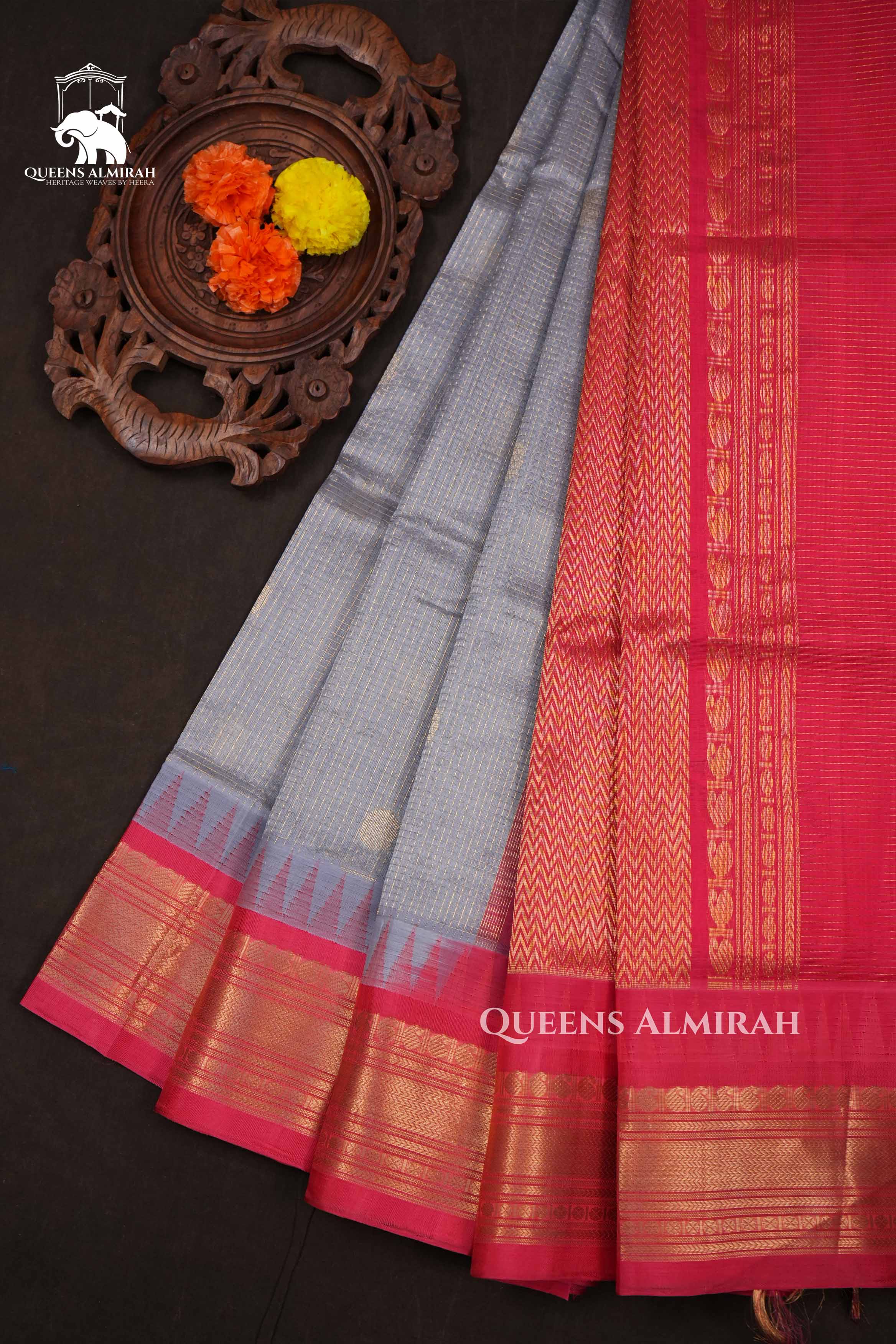 Ash With Pink Pure Kanchi Silk Cotton Saree