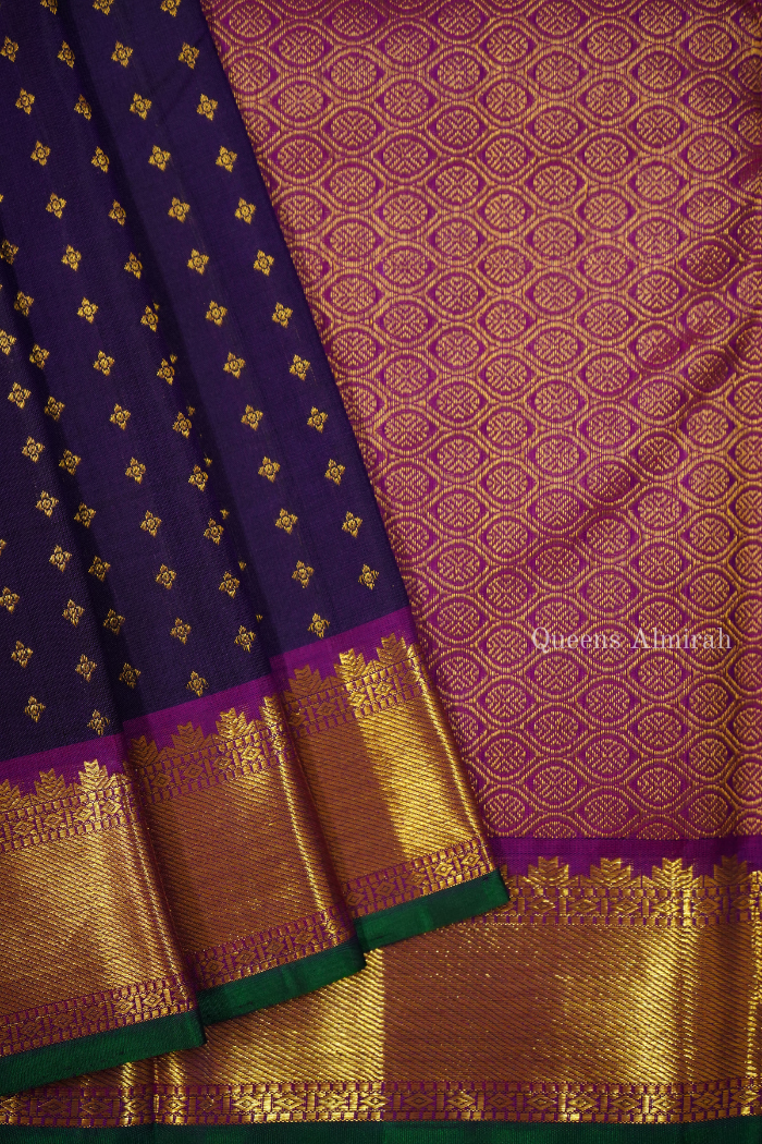 VIOLENT VIOLET WITH DARK MAGENTA PURE KANCHIVARAM SILK SAREE - Queens Jewel Emporium