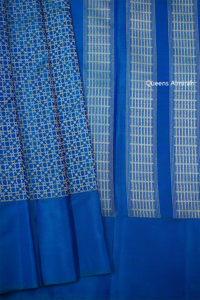 METALLIC BLUE WITH CYAN BLUE PURE KANCHIVARAM SILK SAREE - Queens Jewel Emporium