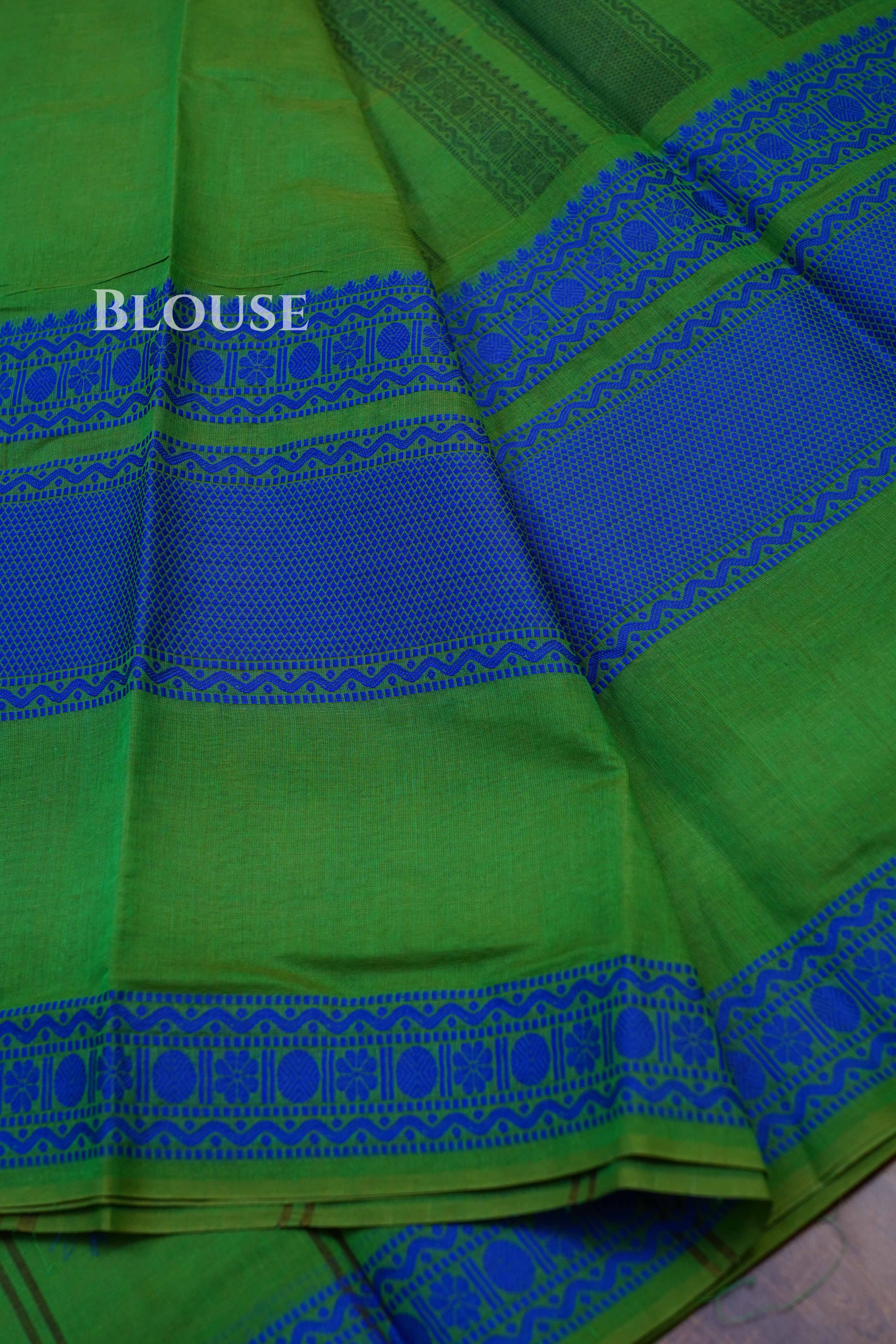 Leaf Green With Blue Chettinad Cotton Saree