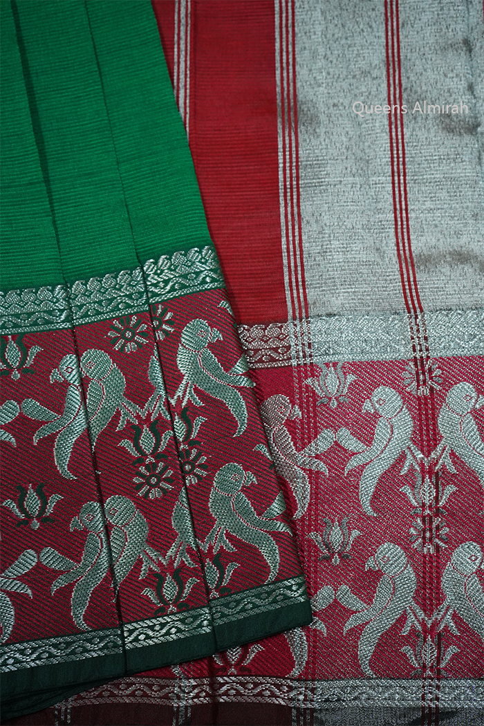 MINT GREEN WITH DEEP CARAMINE MANGALGIRI SAREE - Queens Jewel Emporium