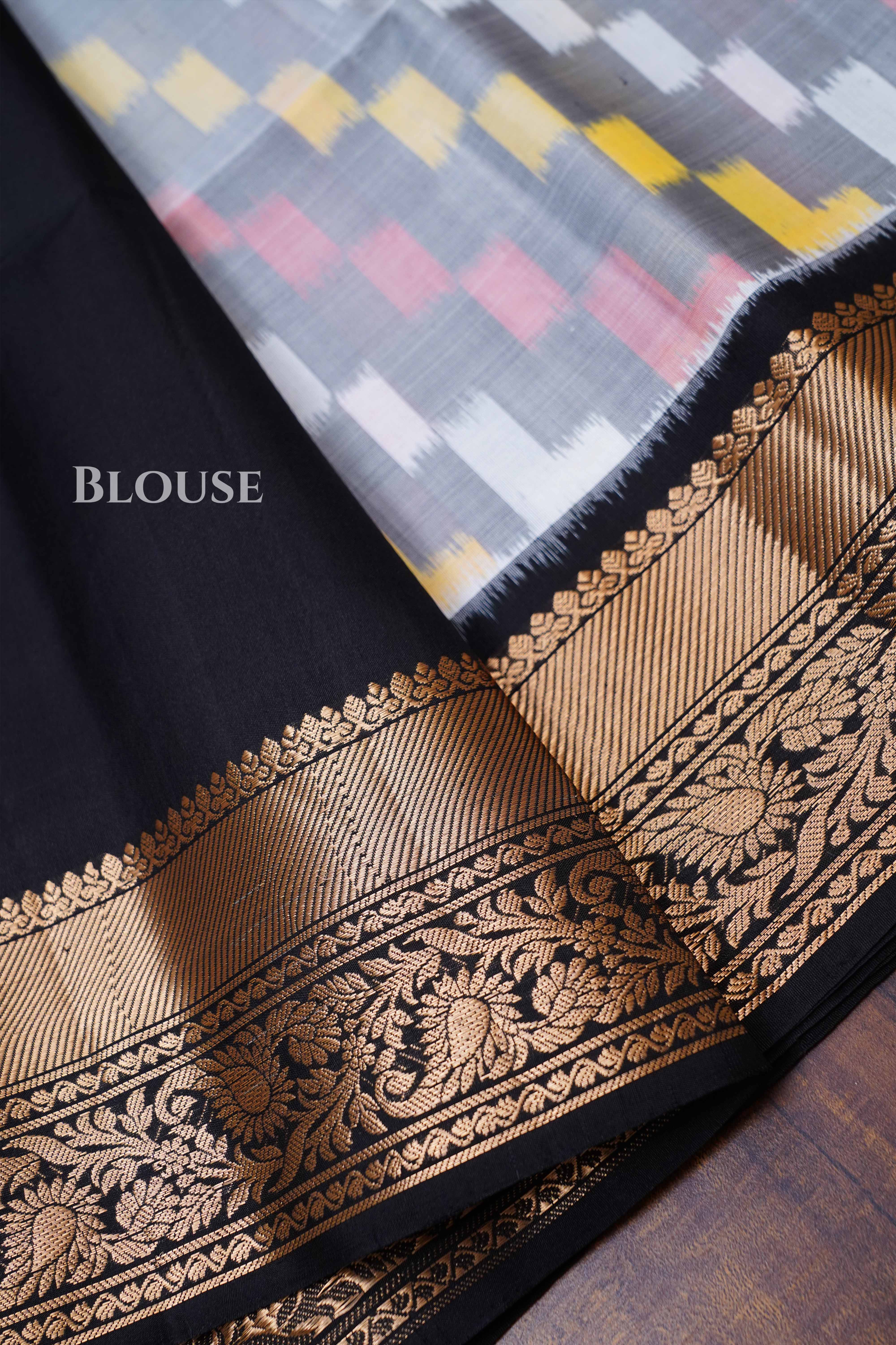 White Multi color With Black Pure Soft Silk Saree