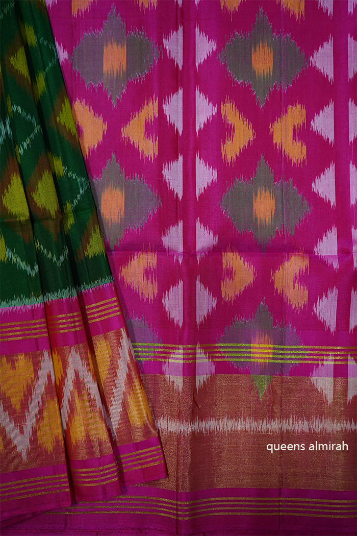 FOREST GREEN WITH BRIGHT PINK SOFT SILK SAREE - Queens Jewel Emporium