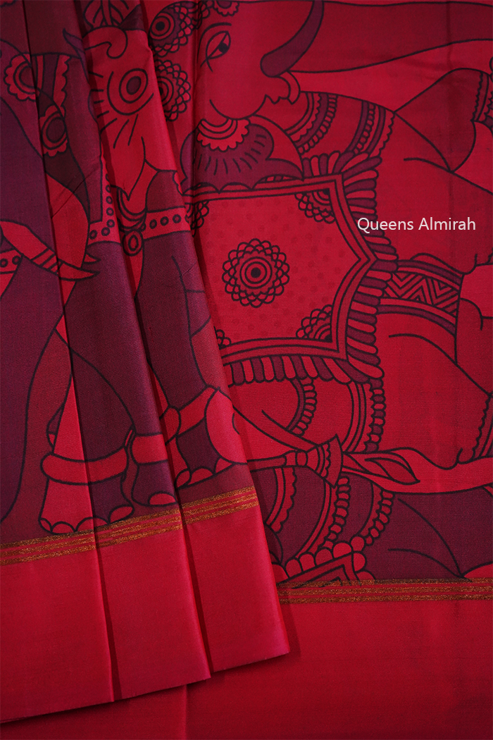 POMEGRANATE RED WITH RED KANCHIVARAM SILK SAREE - Queens Jewel Emporium