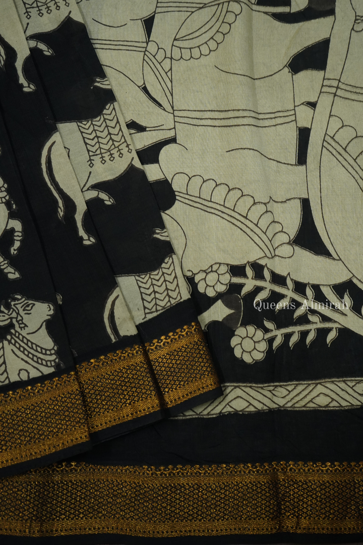 BRIGHT GREY WITH BLACK AND GOLDEN BORDER MANGALGIRI SAREE - Queens Jewel Emporium