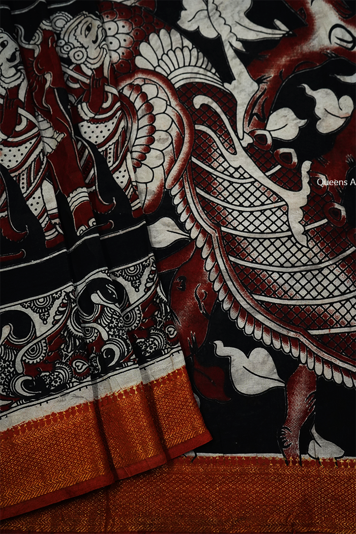 BLACK WITH DEEP RED GOLDEN BORDER  MANGALGIRI SAREE - Queens Jewel Emporium